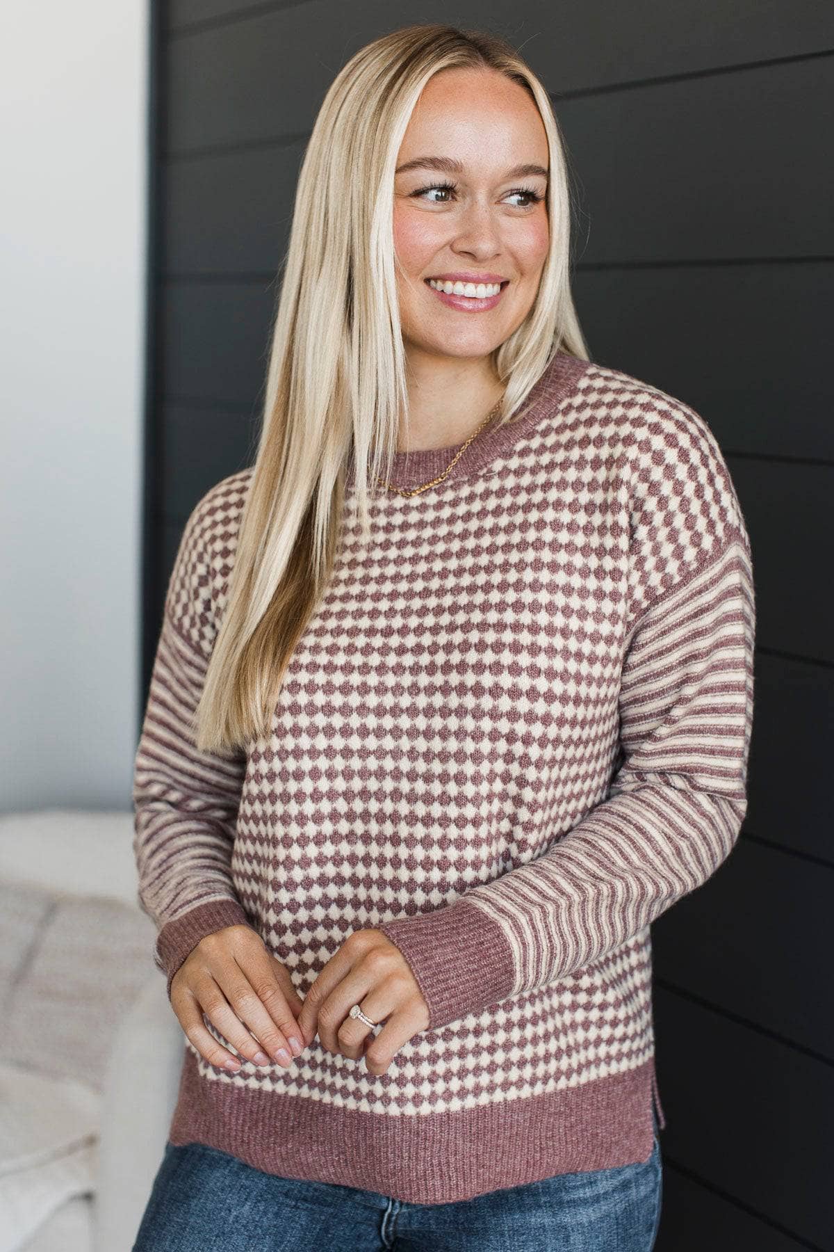 Certainly Cute Checkerboard Knit Sweater- Dark Lavender