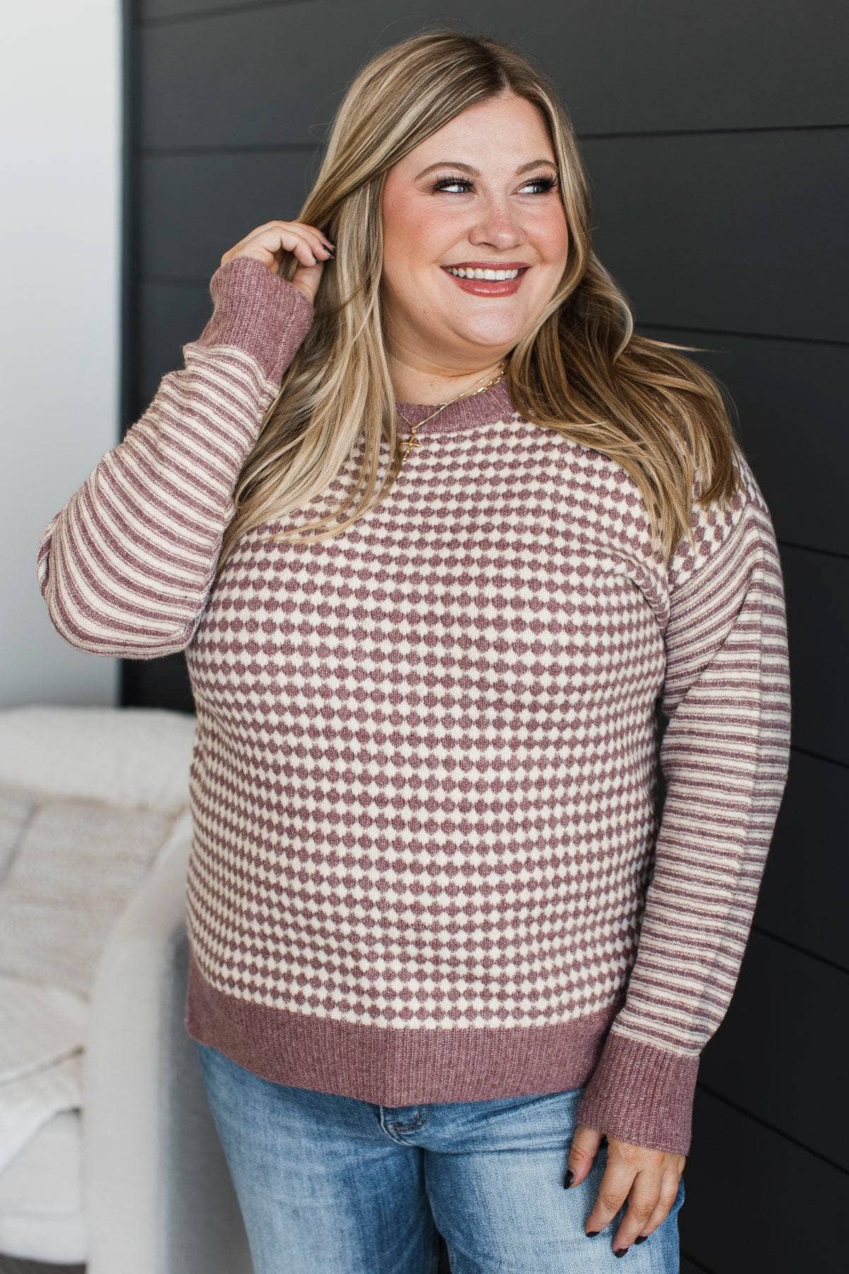 Certainly Cute Checkerboard Knit Sweater- Dark Lavender - Image 3
