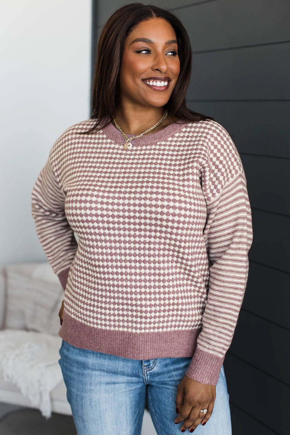 Certainly Cute Checkerboard Knit Sweater- Dark Lavender - Image 4