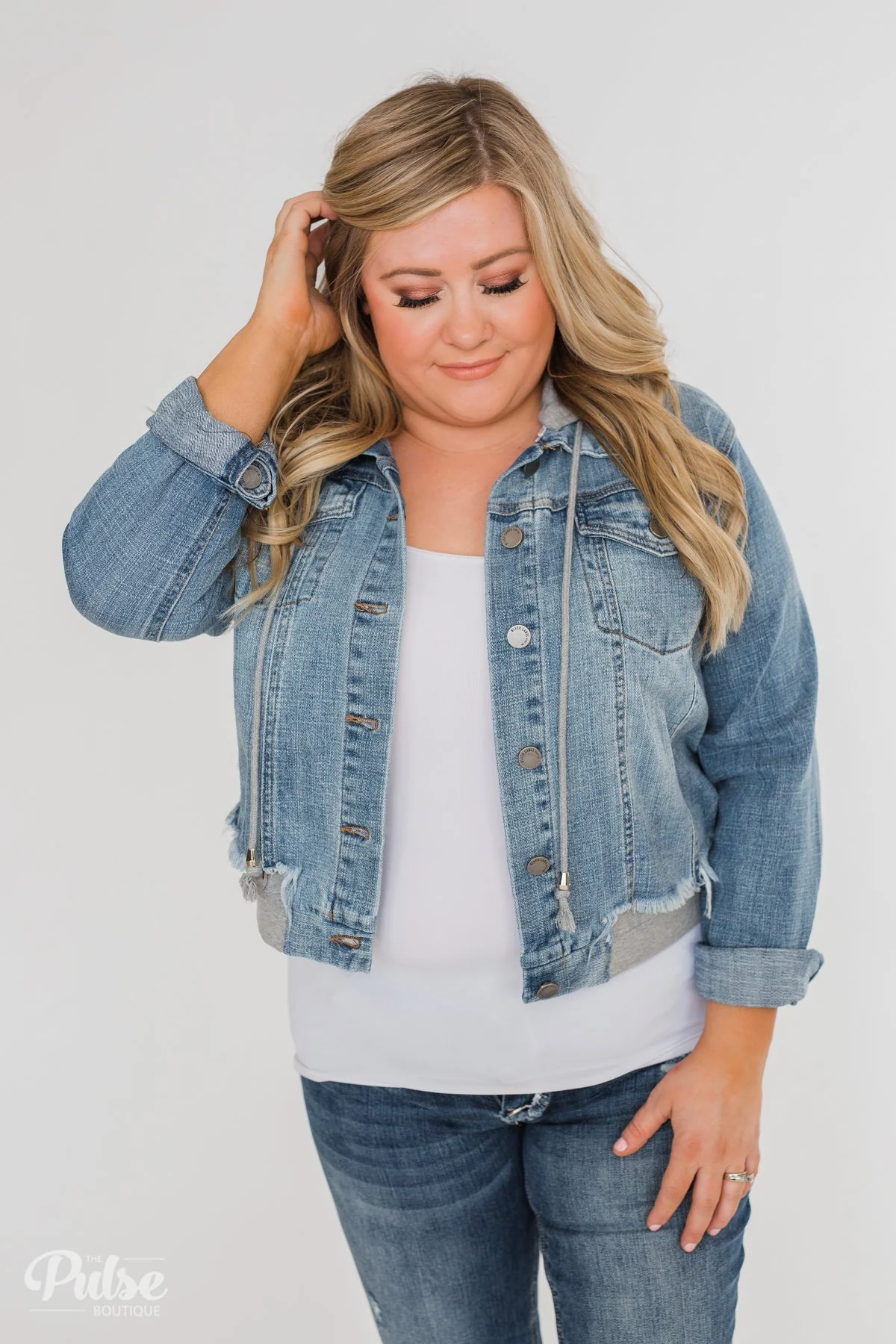 C'est Toi Distressed Hooded Denim Jacket- Medium Wash - Image 11