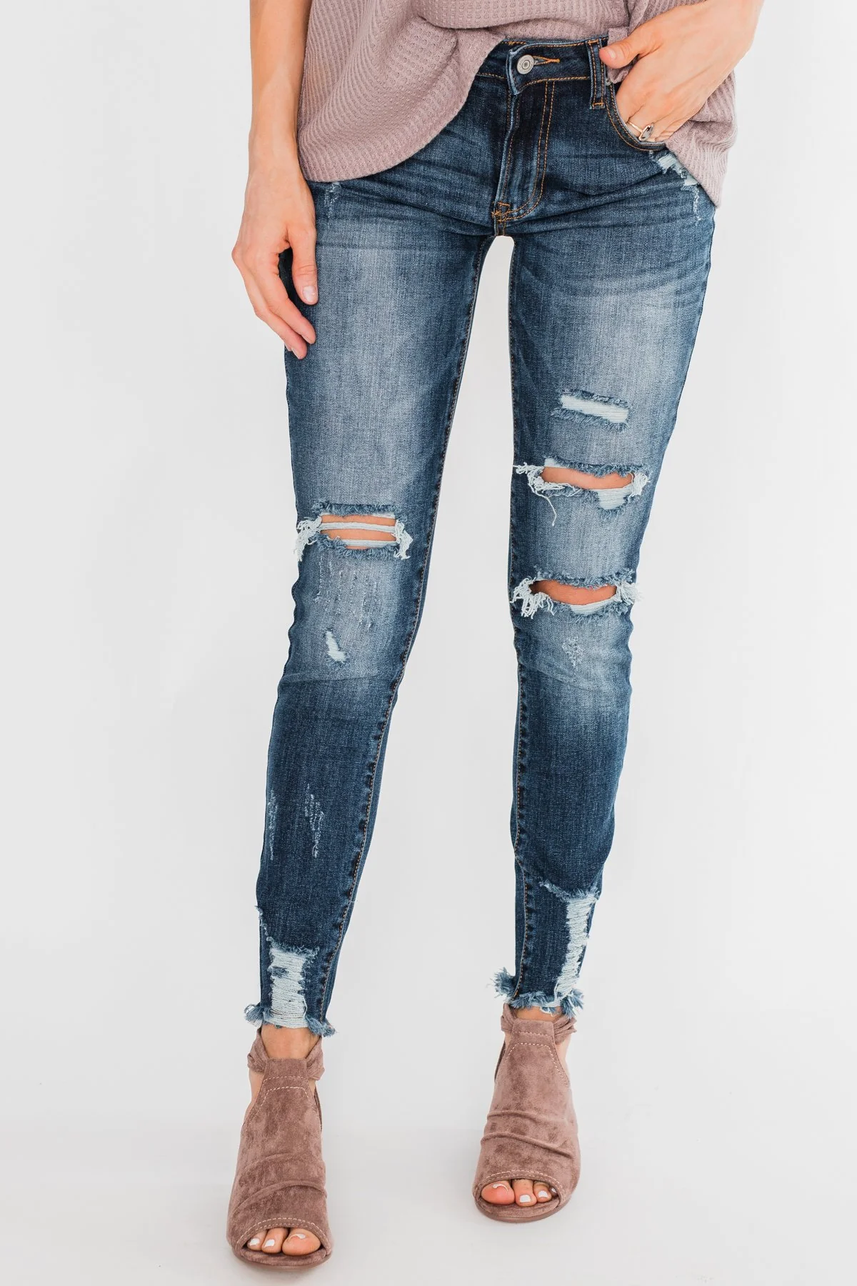 C'est Toi Distressed Skinny Jeans- Fiona Dark Wash - Image 5