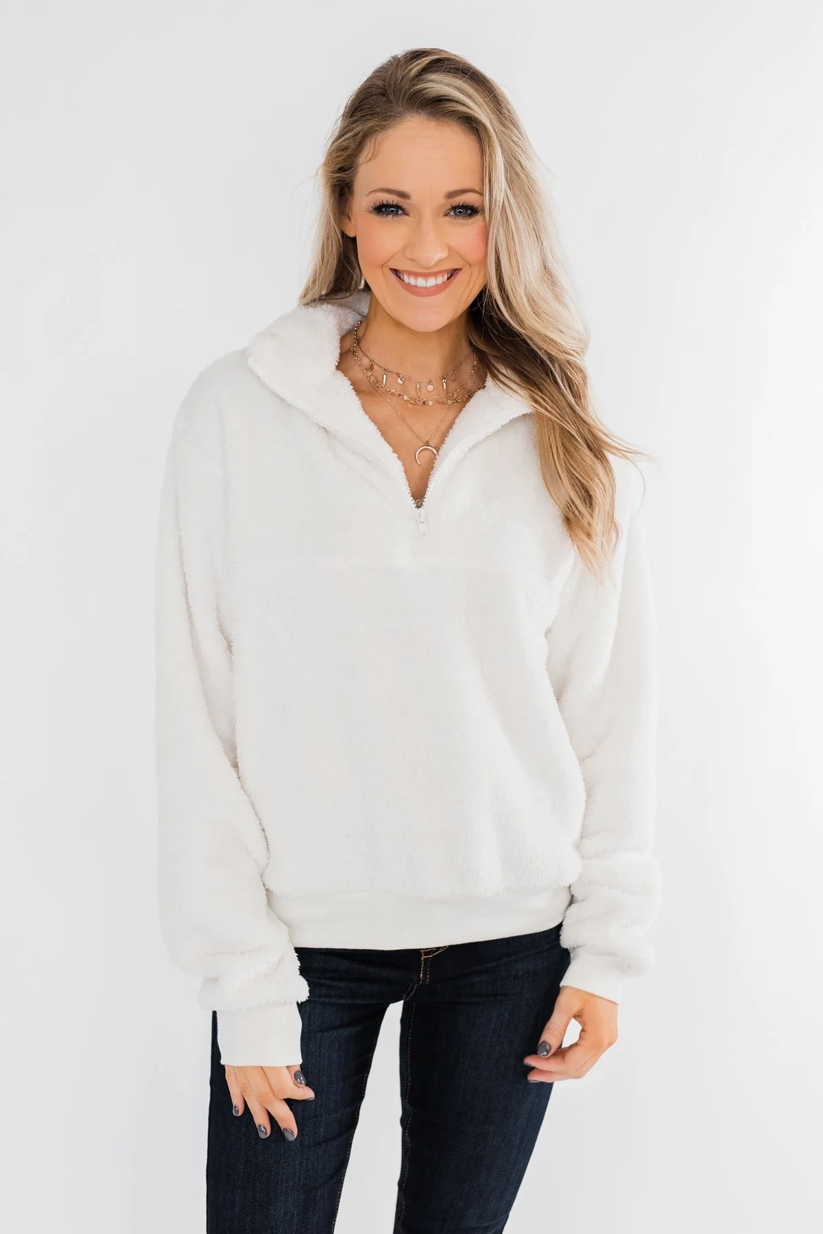 C'est Toi Quarter Zip Pullover Sherpa- Off White - Image 4