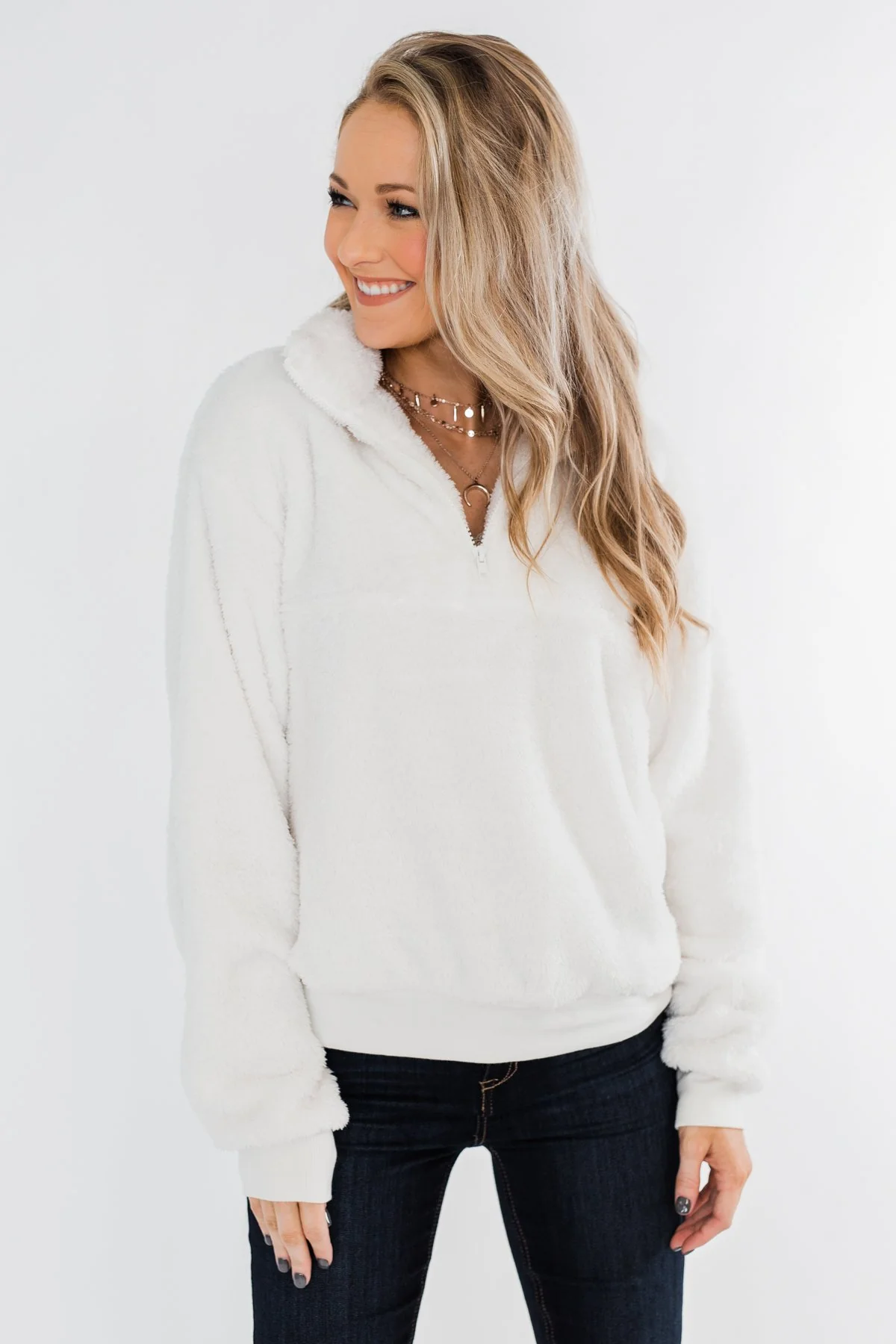 C'est Toi Quarter Zip Pullover Sherpa- Off White - Image 8