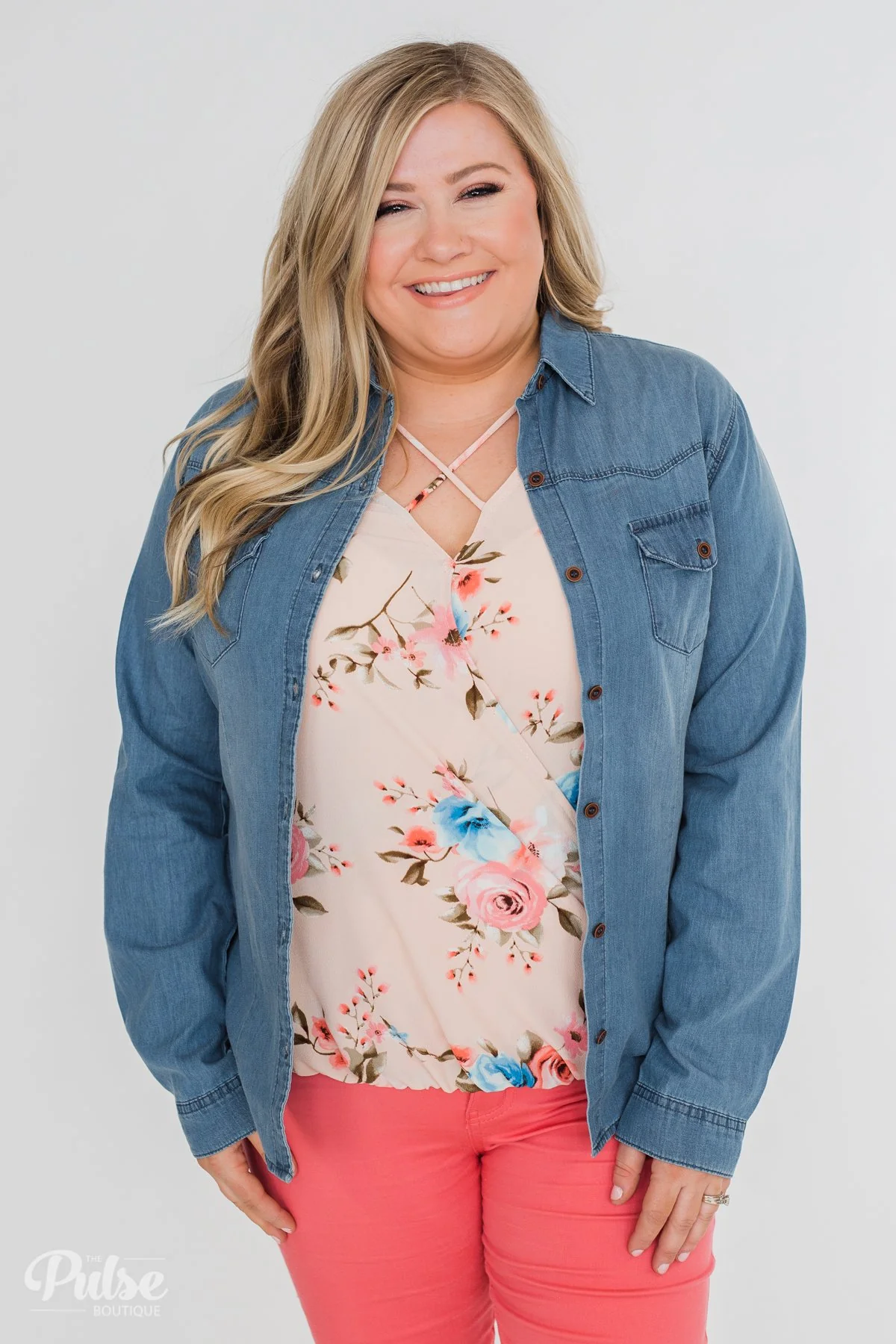Chambray Button-Up Top- Medium Wash - Image 11