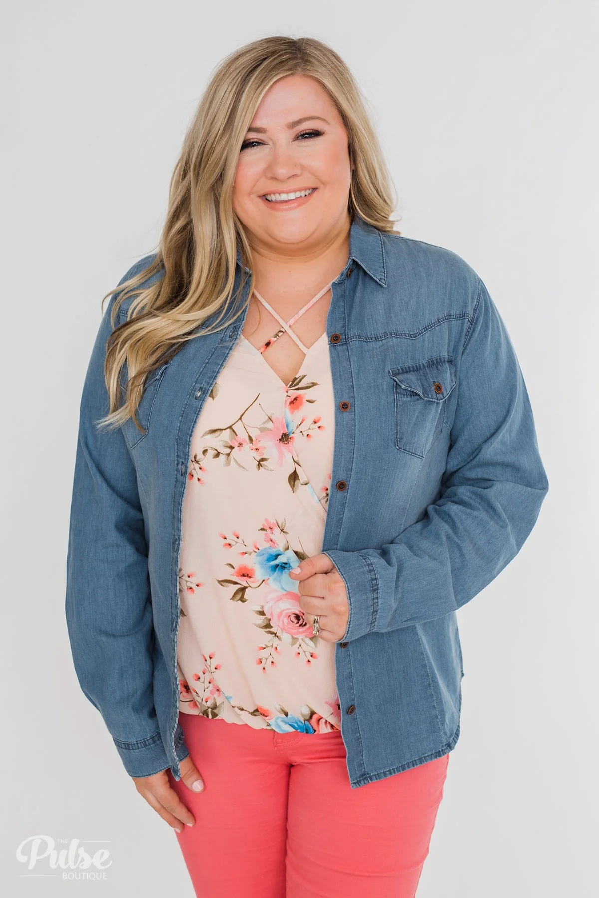 Chambray Button-Up Top- Medium Wash - Image 12