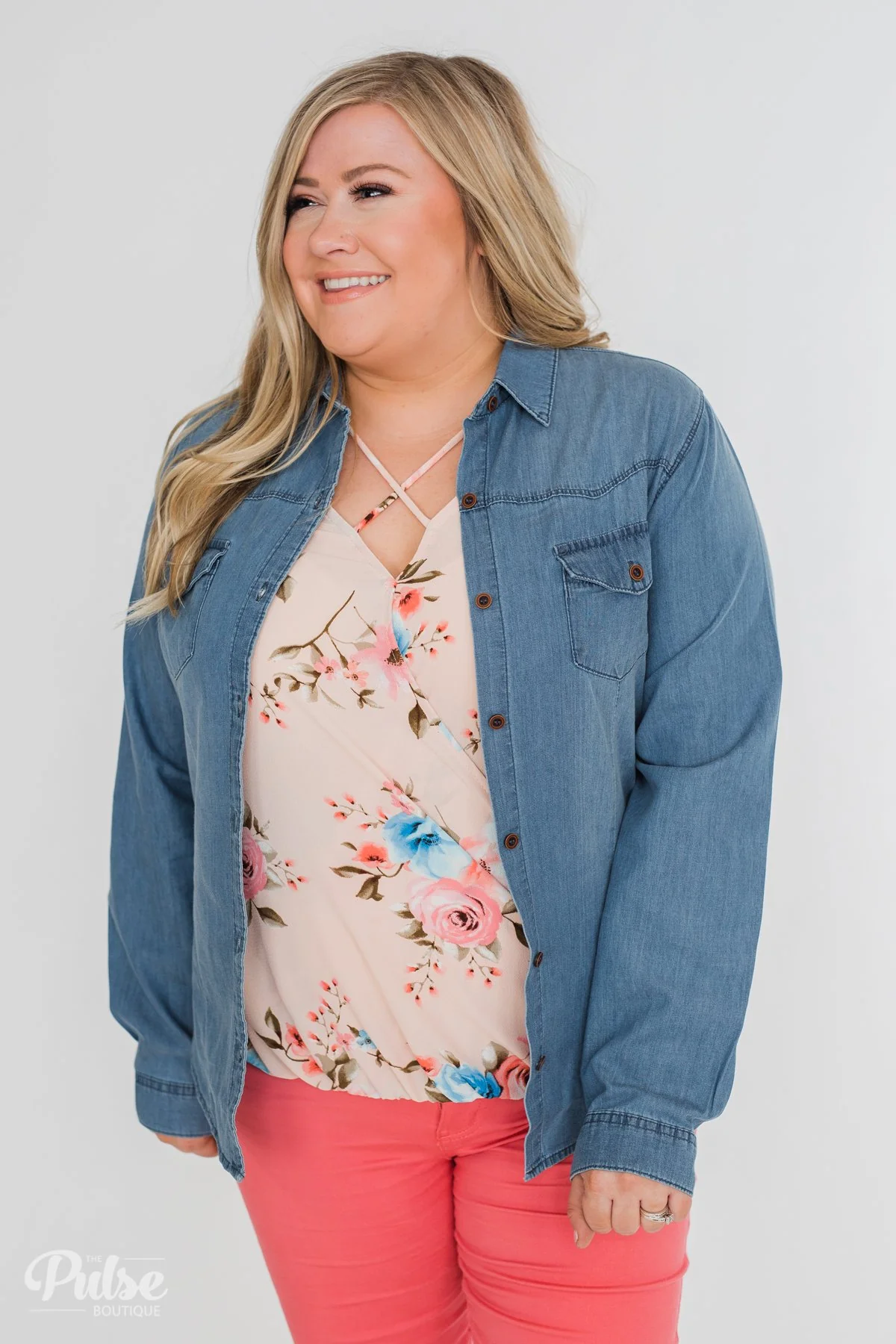 Chambray Button-Up Top- Medium Wash - Image 13