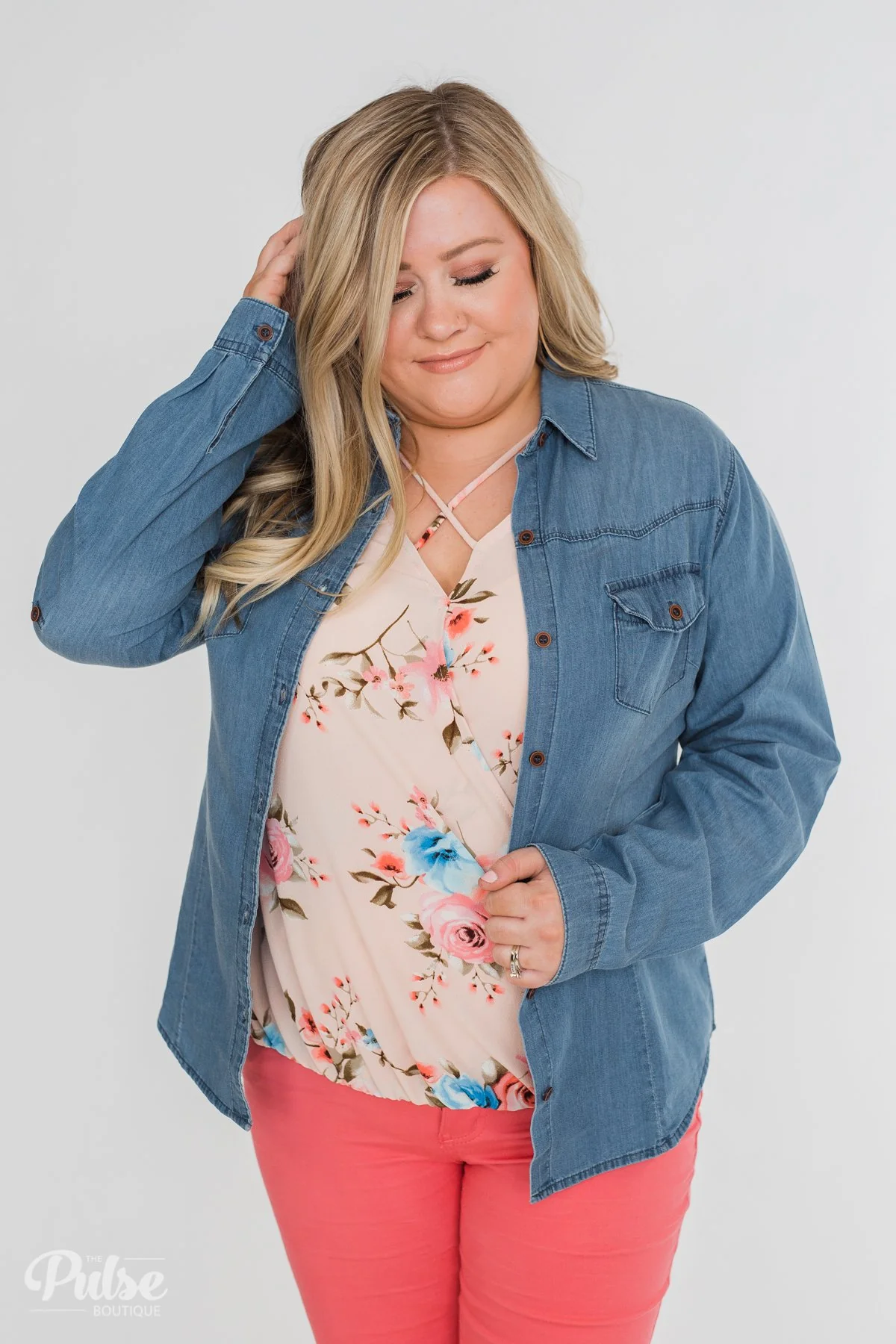 Chambray Button-Up Top- Medium Wash - Image 14