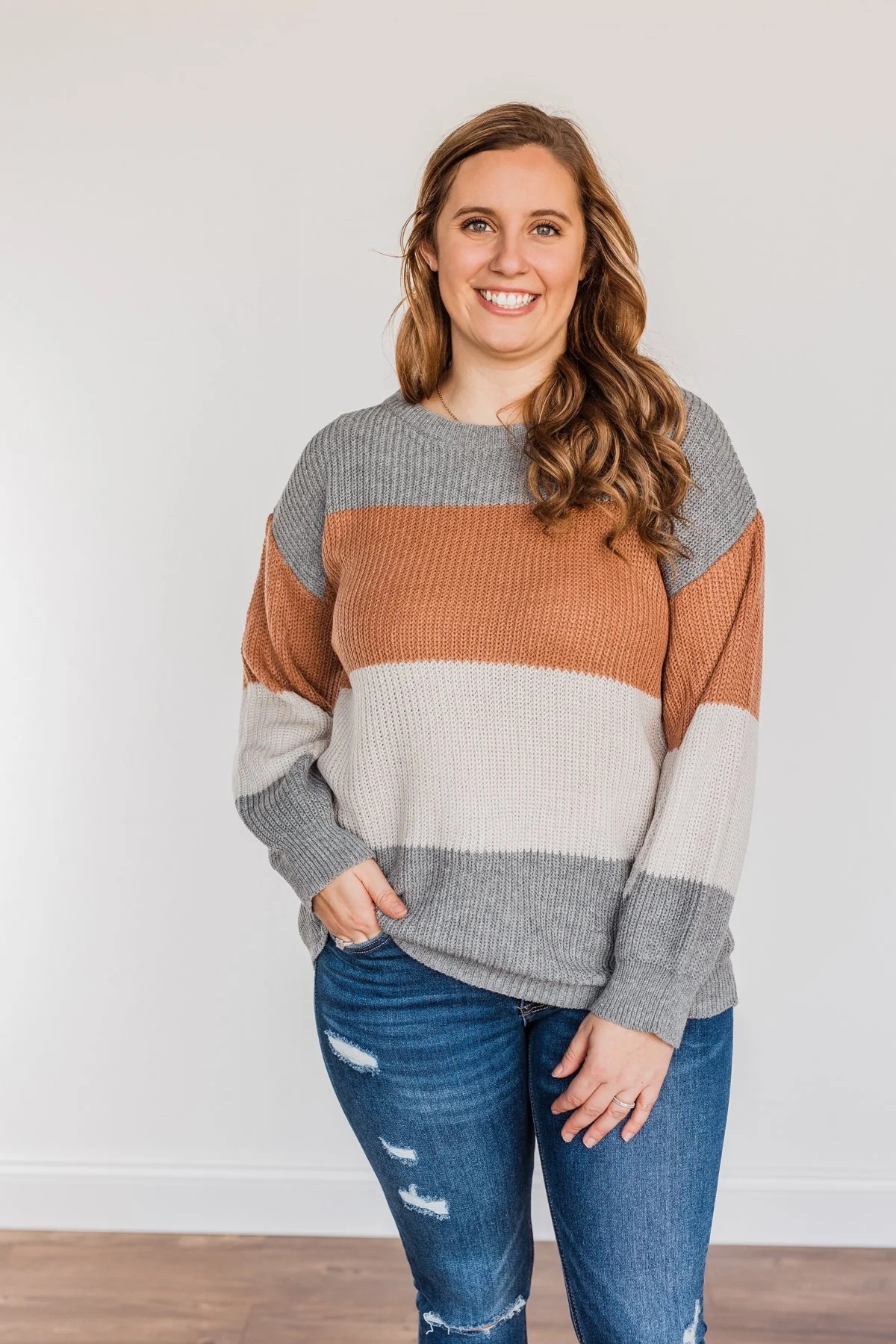 Chance To Change Knit Color Block Sweater- Grey & Camel - Image 5