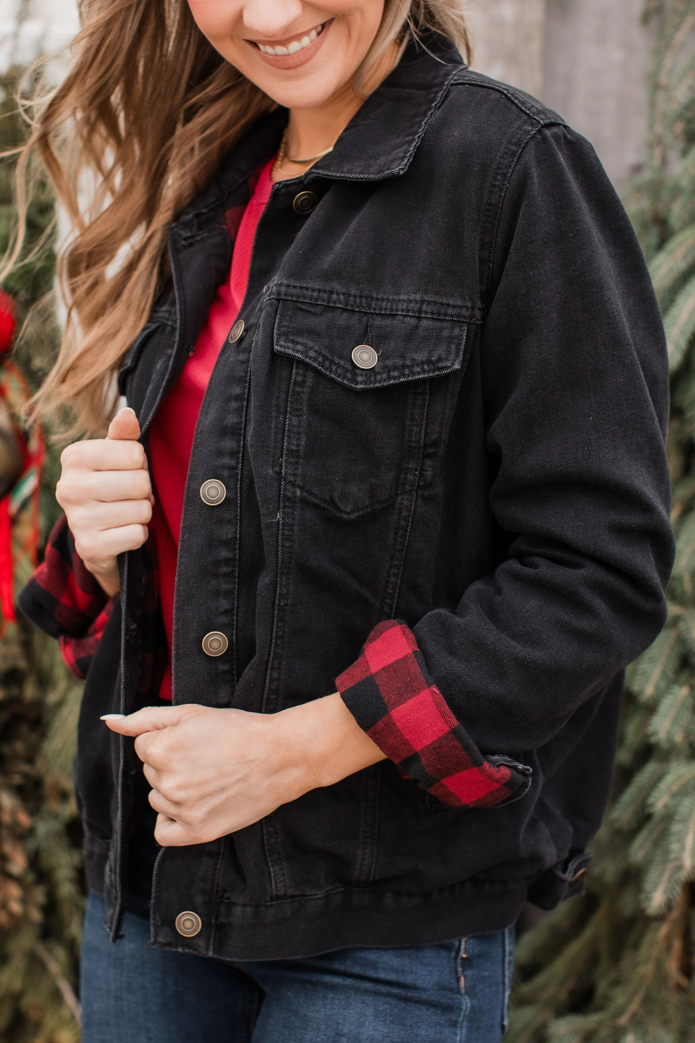 Change Of Seasons Denim Jacket- Black & Buffalo Plaid - Image 2