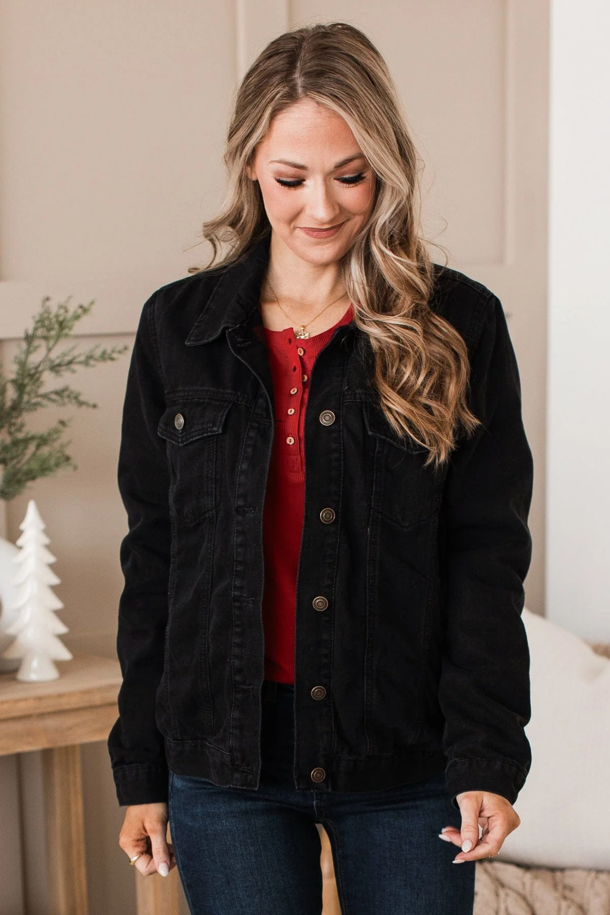 Change Of Seasons Denim Jacket- Black & Buffalo Plaid - Image 6