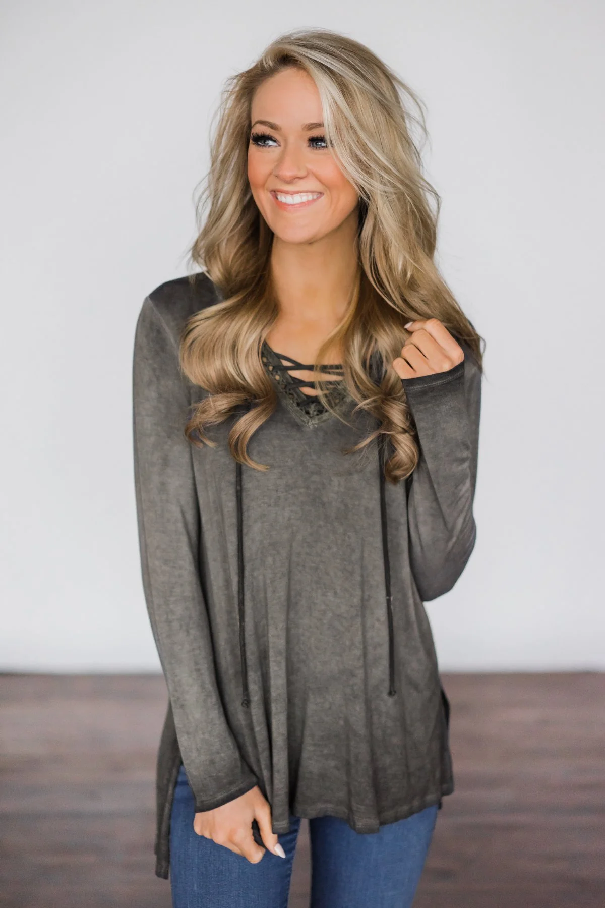 Charcoal Lace Up Top