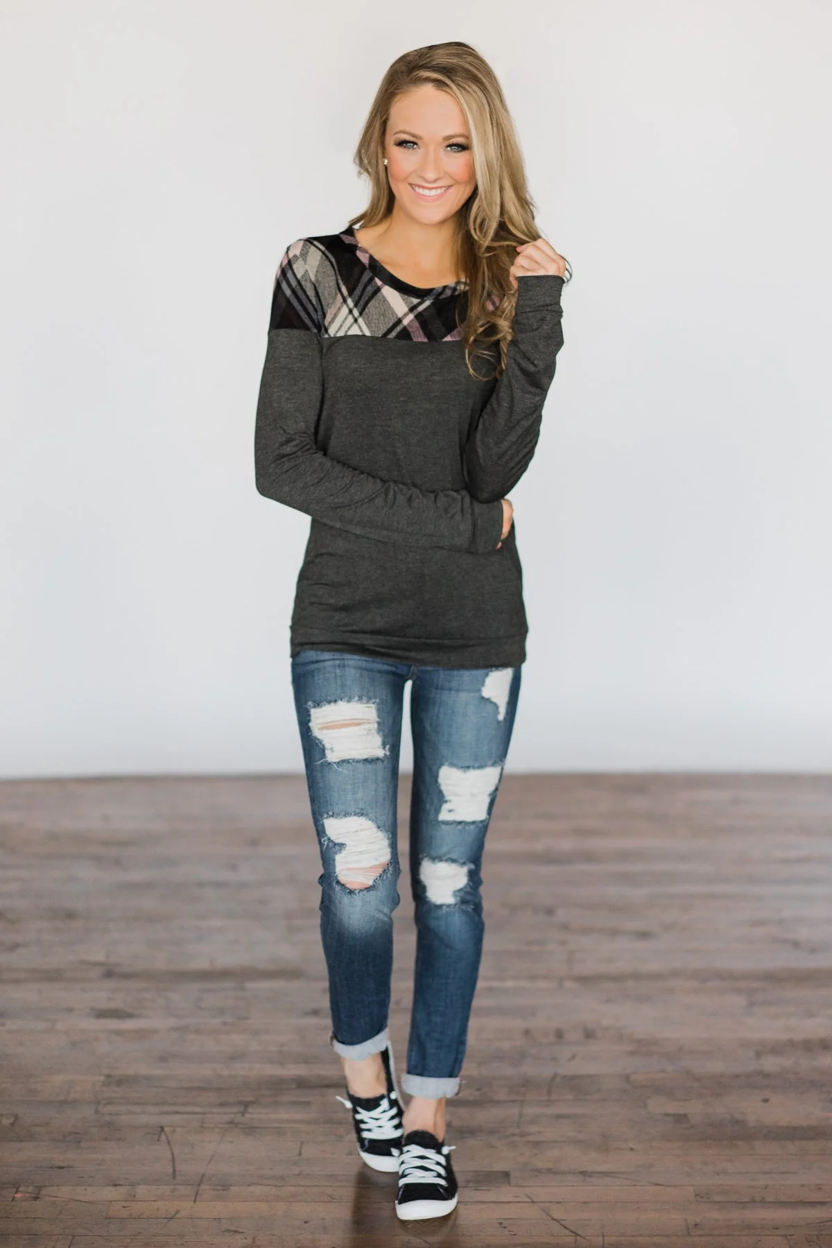 Charcoal & Plaid Long Sleeve Top - Image 3