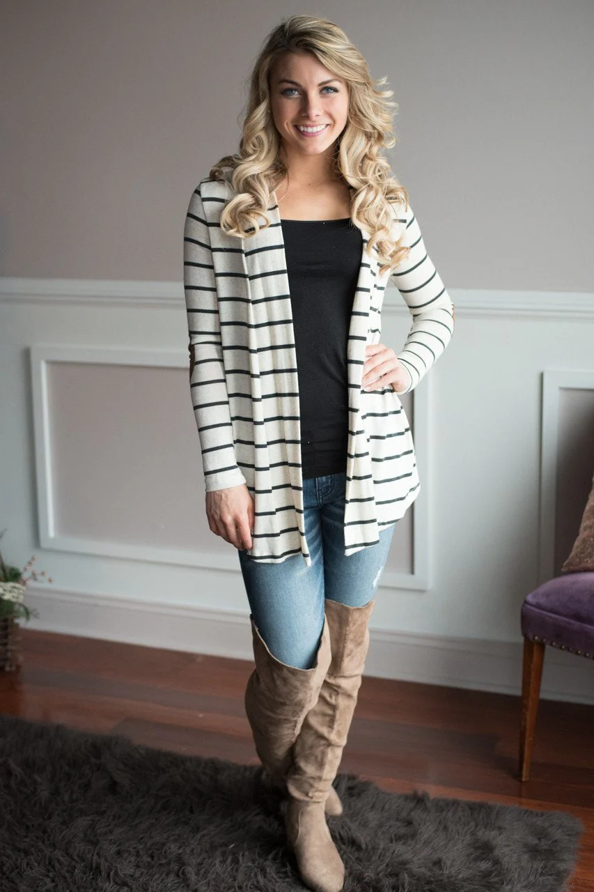 Charcoal Striped Elbow Patch Cardigan - Image 2
