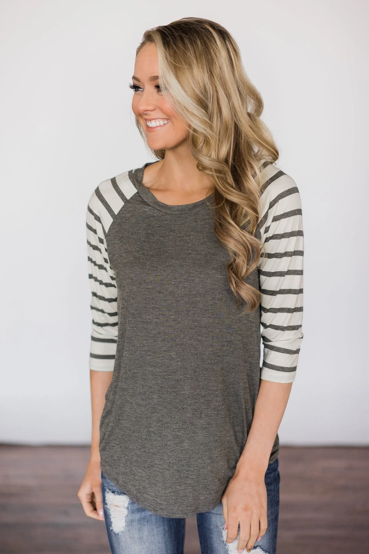 Charcoal Striped Sleeve Top - Image 3