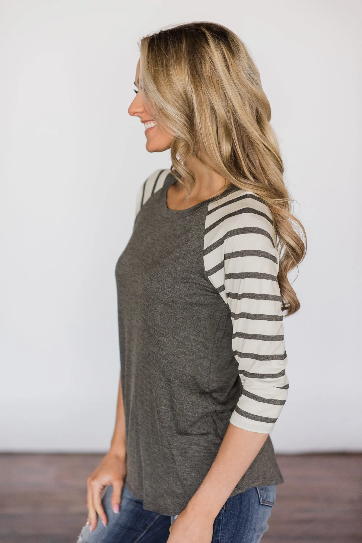 Charcoal Striped Sleeve Top - Image 4