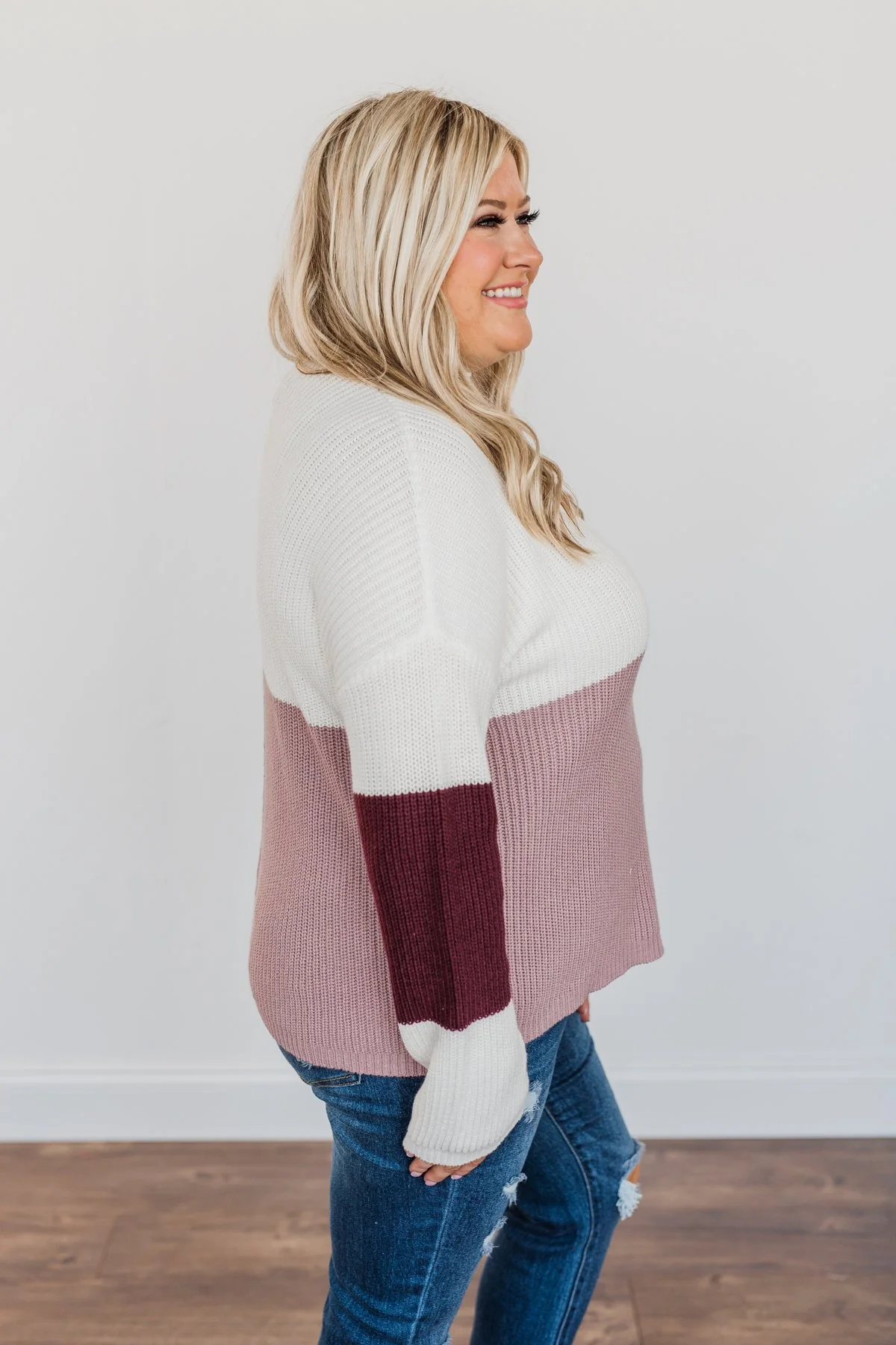 Charmed Life Color Block Sweater- Ivory, Mauve Purple, & Burgundy - Image 10