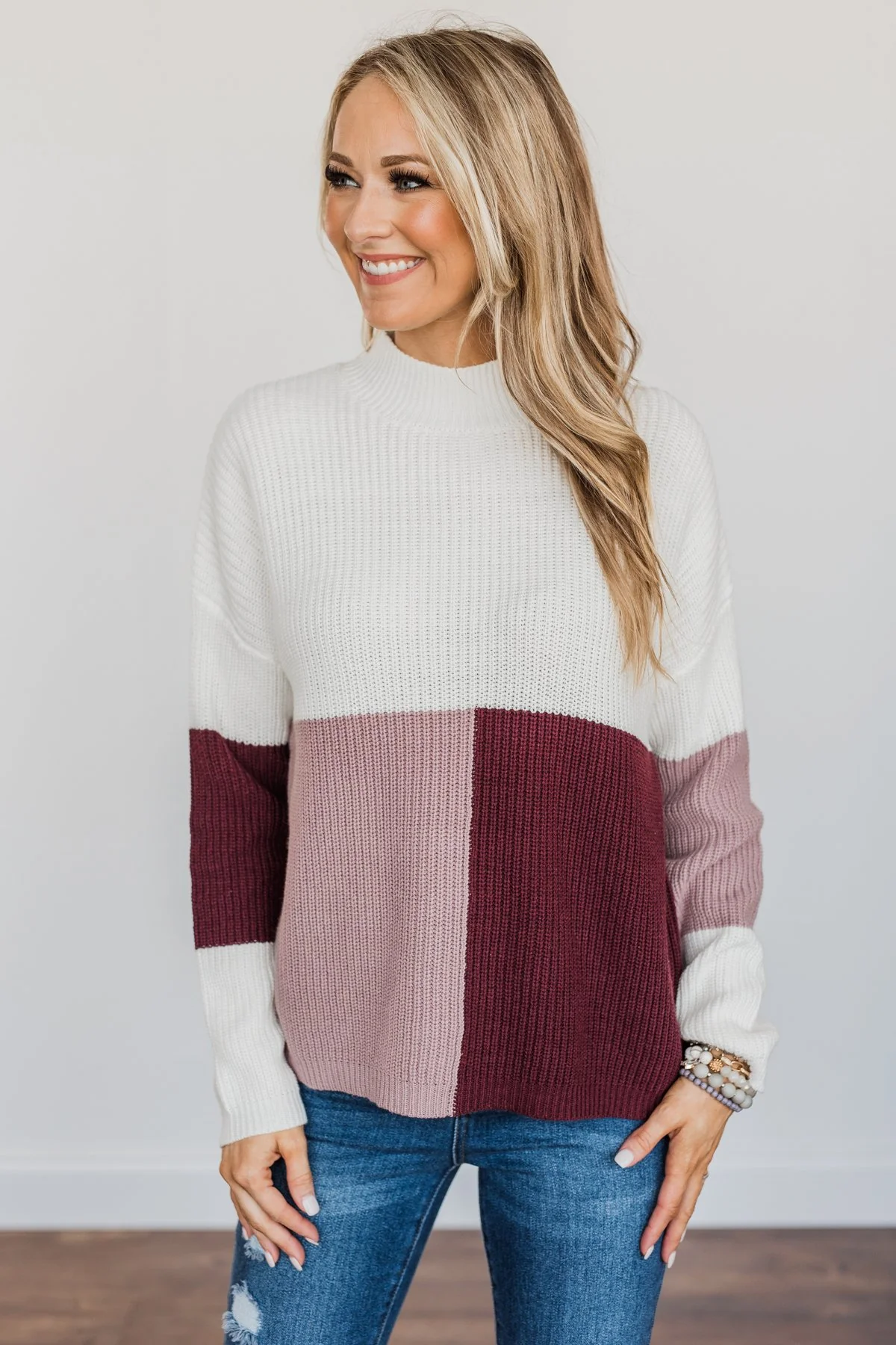 Charmed Life Color Block Sweater- Ivory, Mauve Purple, & Burgundy - Image 3
