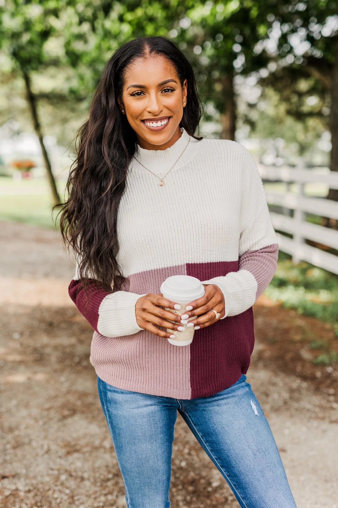 Charmed Life Color Block Sweater- Ivory, Mauve Purple, & Burgundy - Image 4