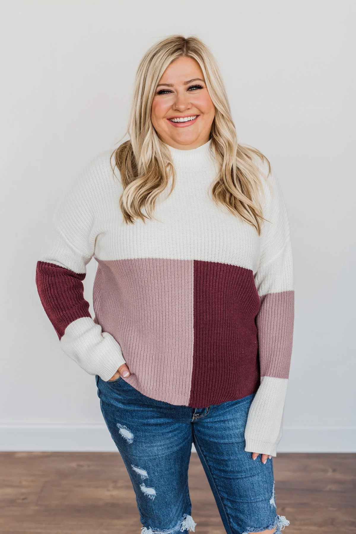 Charmed Life Color Block Sweater- Ivory, Mauve Purple, & Burgundy - Image 5