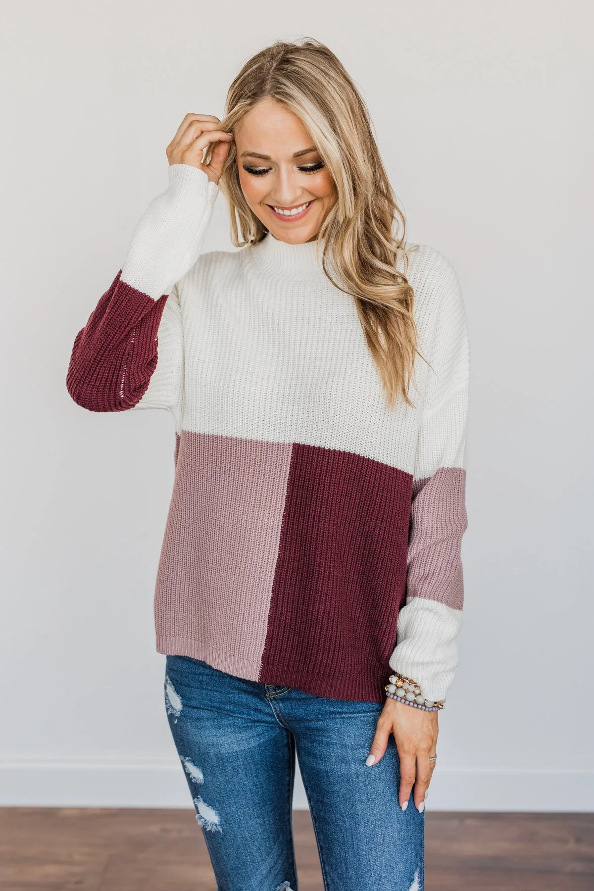 Charmed Life Color Block Sweater- Ivory, Mauve Purple, & Burgundy - Image 6