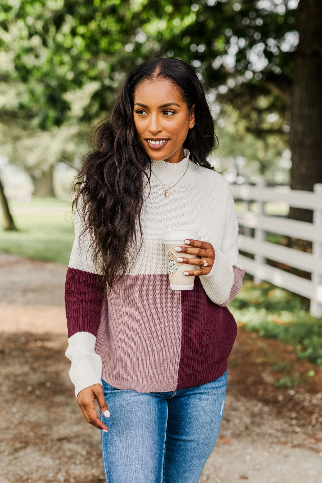 Charmed Life Color Block Sweater- Ivory, Mauve Purple, & Burgundy - Image 7