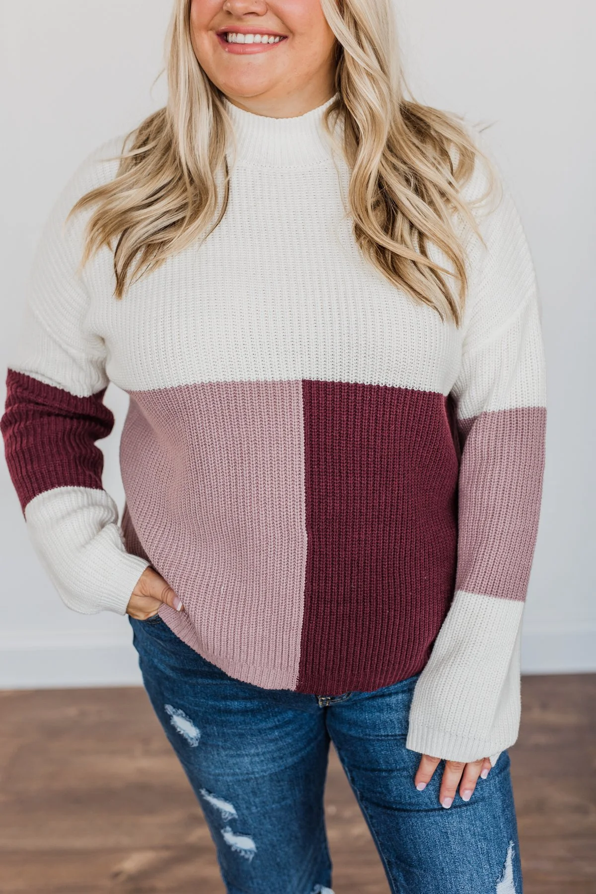 Charmed Life Color Block Sweater- Ivory, Mauve Purple, & Burgundy - Image 8