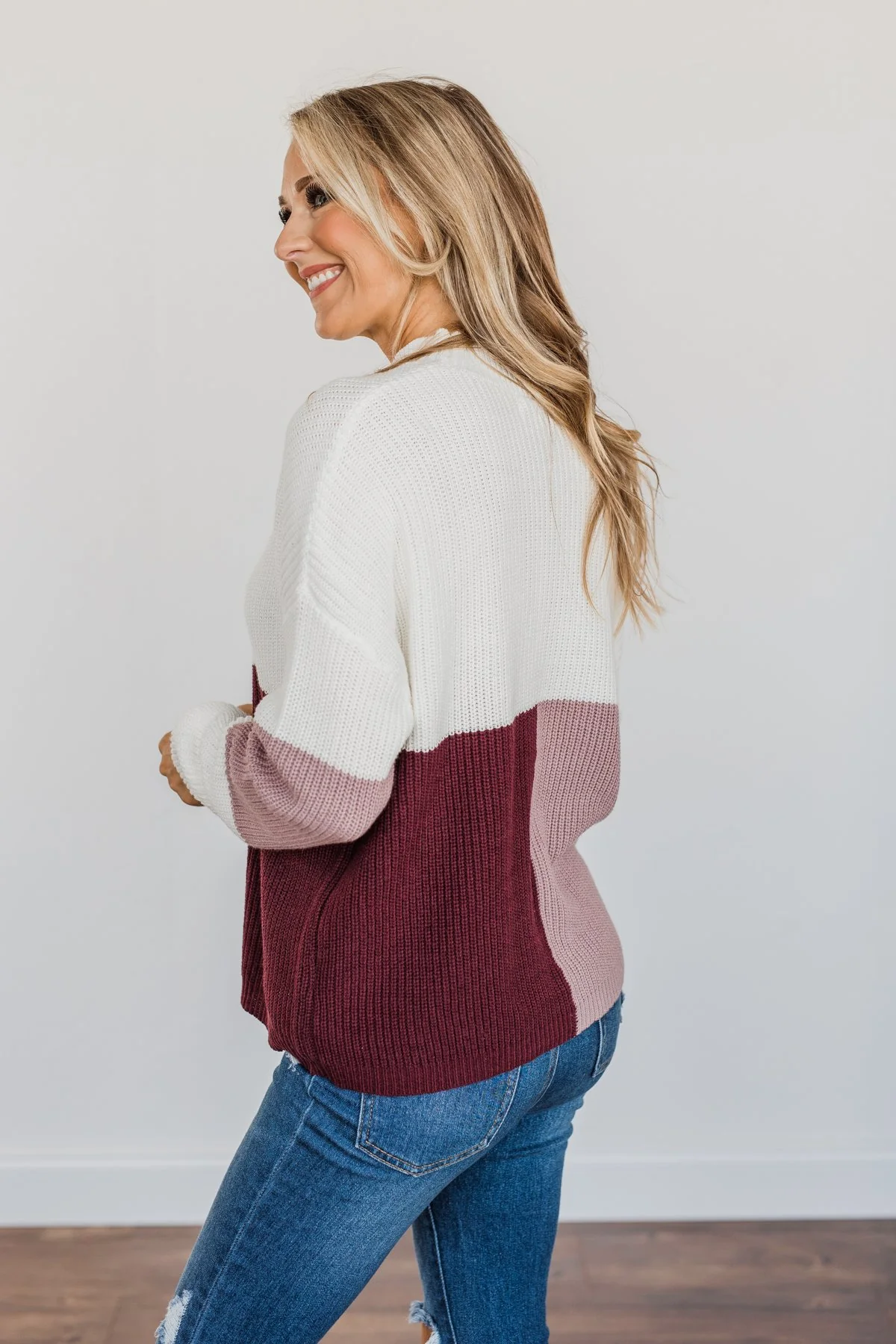 Charmed Life Color Block Sweater- Ivory, Mauve Purple, & Burgundy - Image 9
