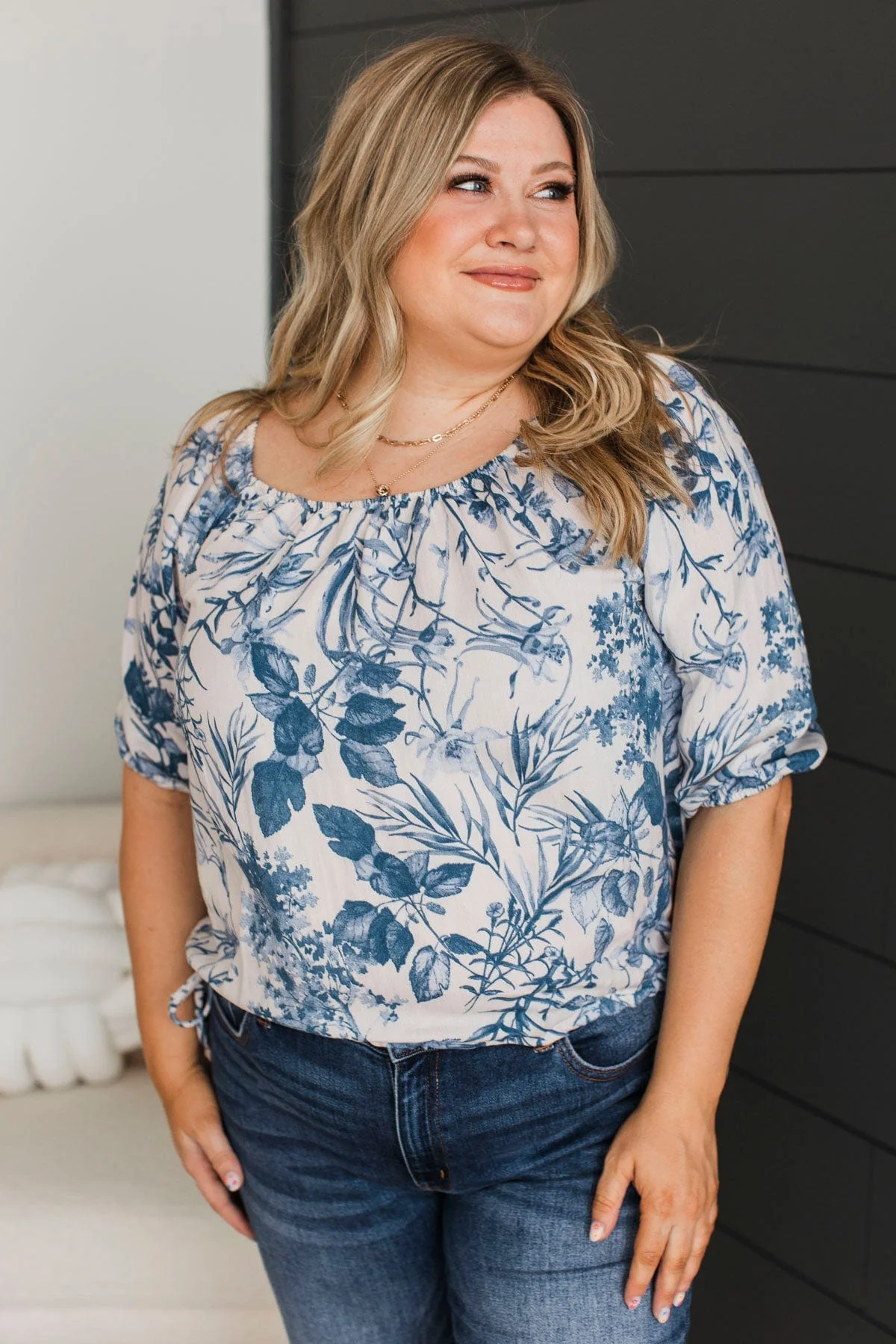 Charming Behavior Floral Blouse- Ivory & Blue - Image 2