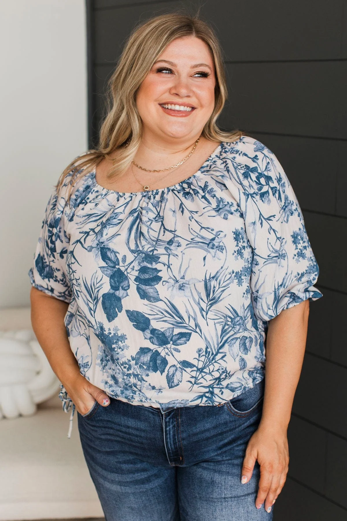 Charming Behavior Floral Blouse- Ivory & Blue - Image 4
