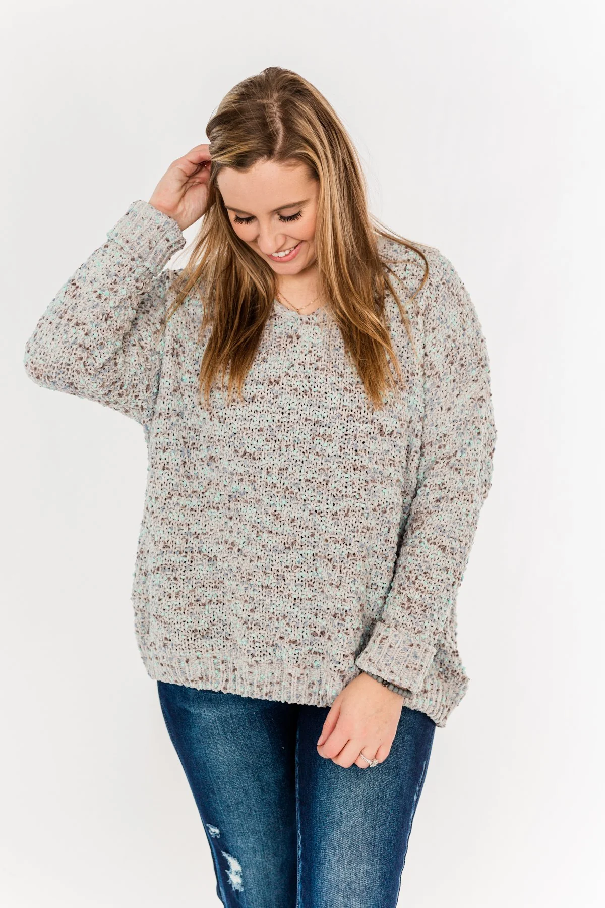 Charming Embrace Chunky Knit Sweater- Grey & Mint Blue - Image 10