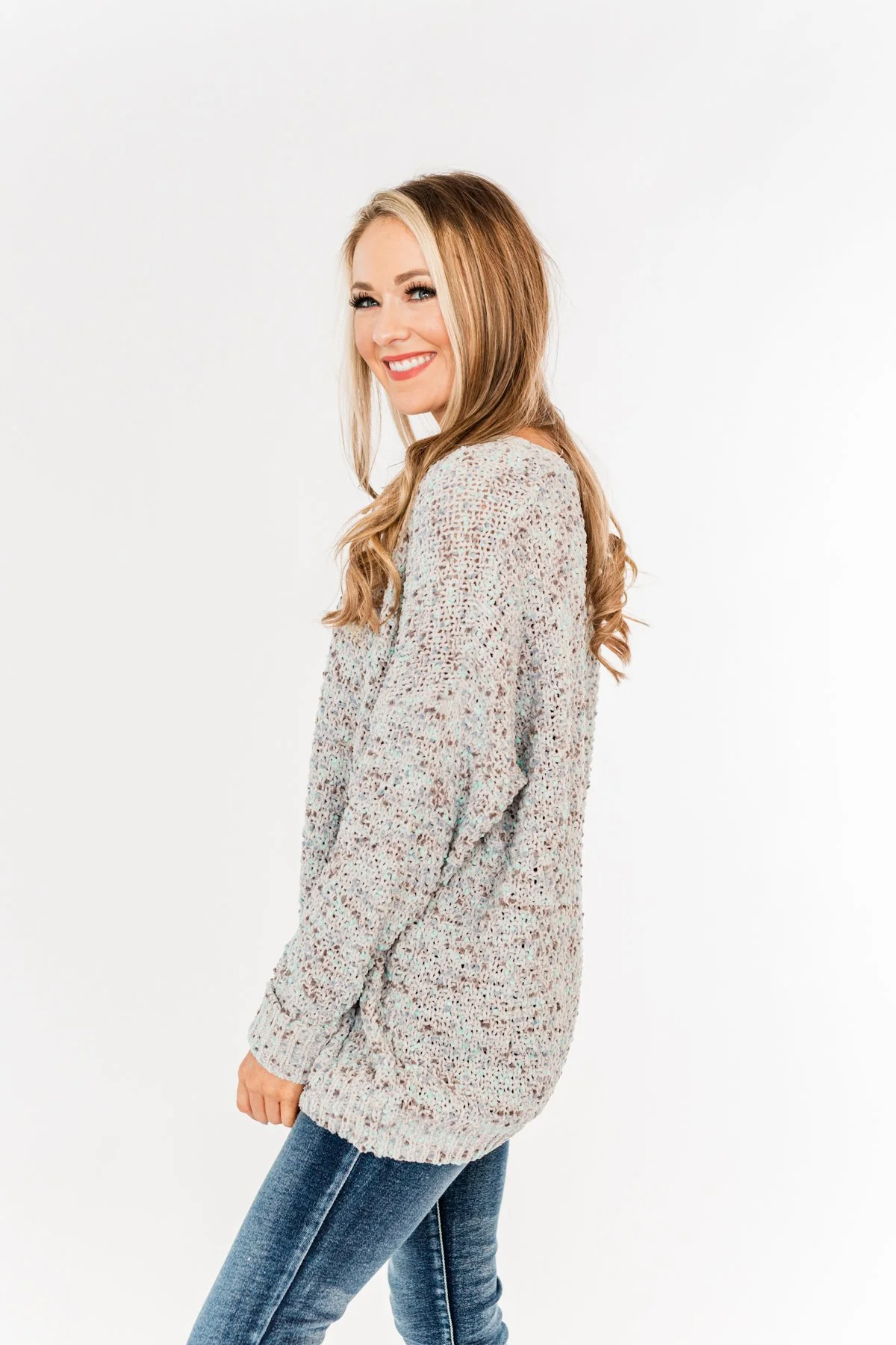 Charming Embrace Chunky Knit Sweater- Grey & Mint Blue - Image 15