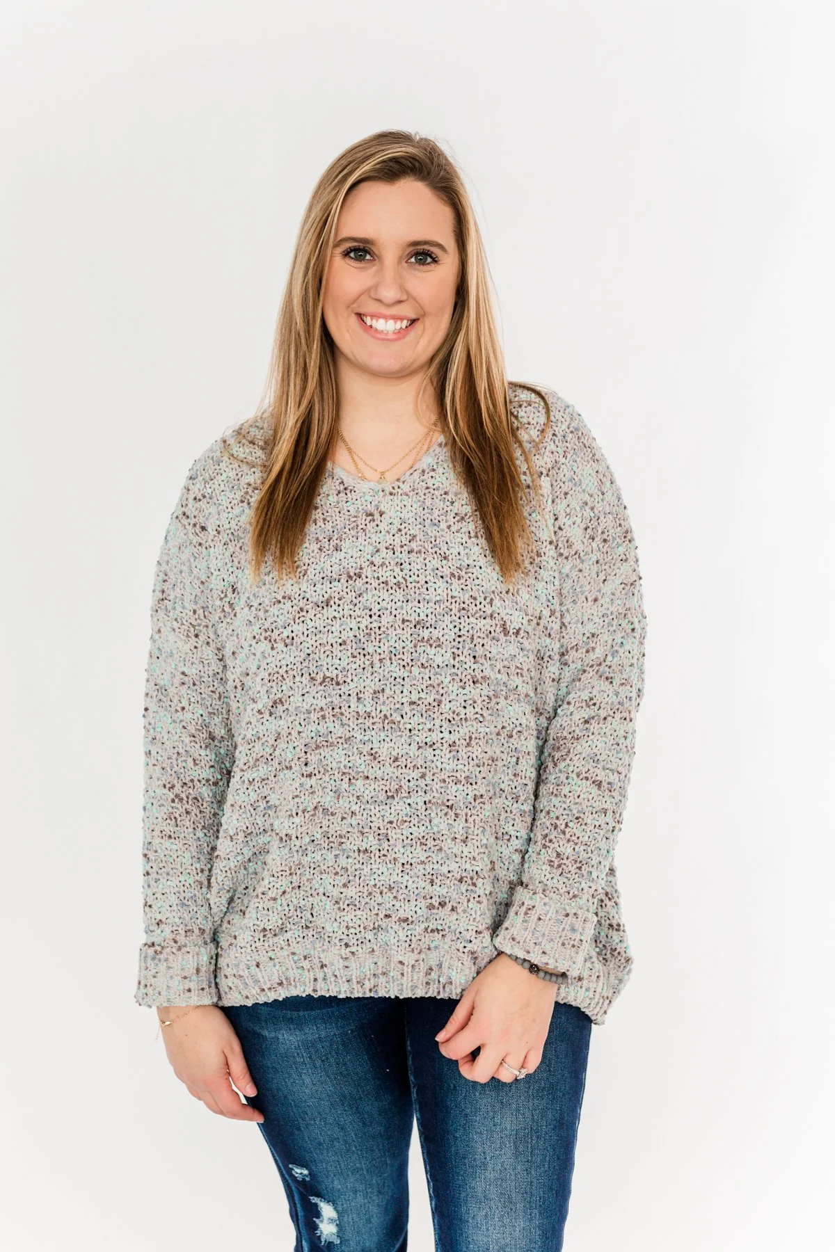 Charming Embrace Chunky Knit Sweater- Grey & Mint Blue - Image 6