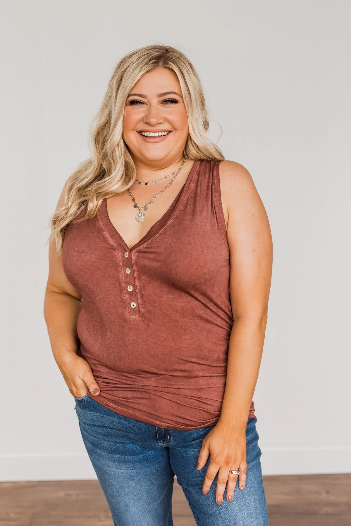 Charming Encounters Button Tank Top- Brick - Image 3