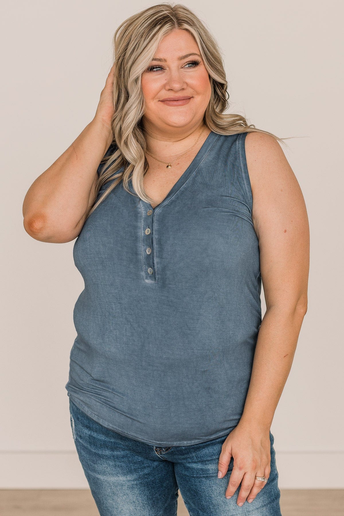 Charming Encounters Button Tank Top- Dark Blue - Image 3