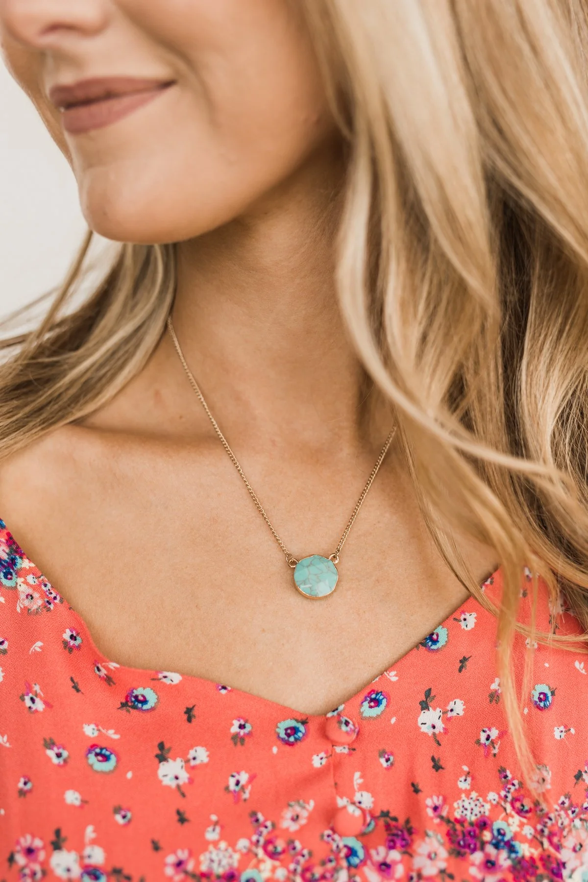 Charming Marble Pendant Gold Necklace- Turquoise - Image 2