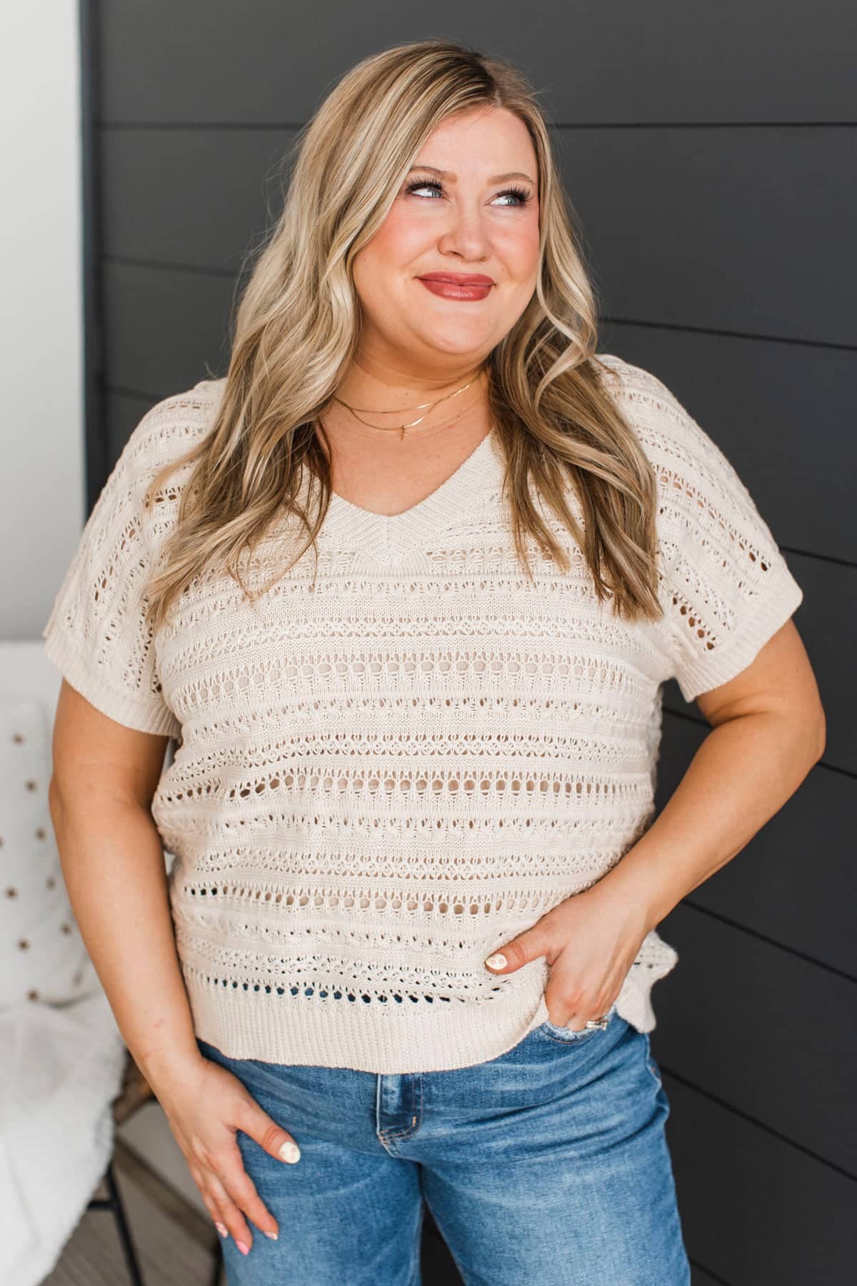 Charming Smiles Crochet Knit Sweater Top- Natural - Image 3