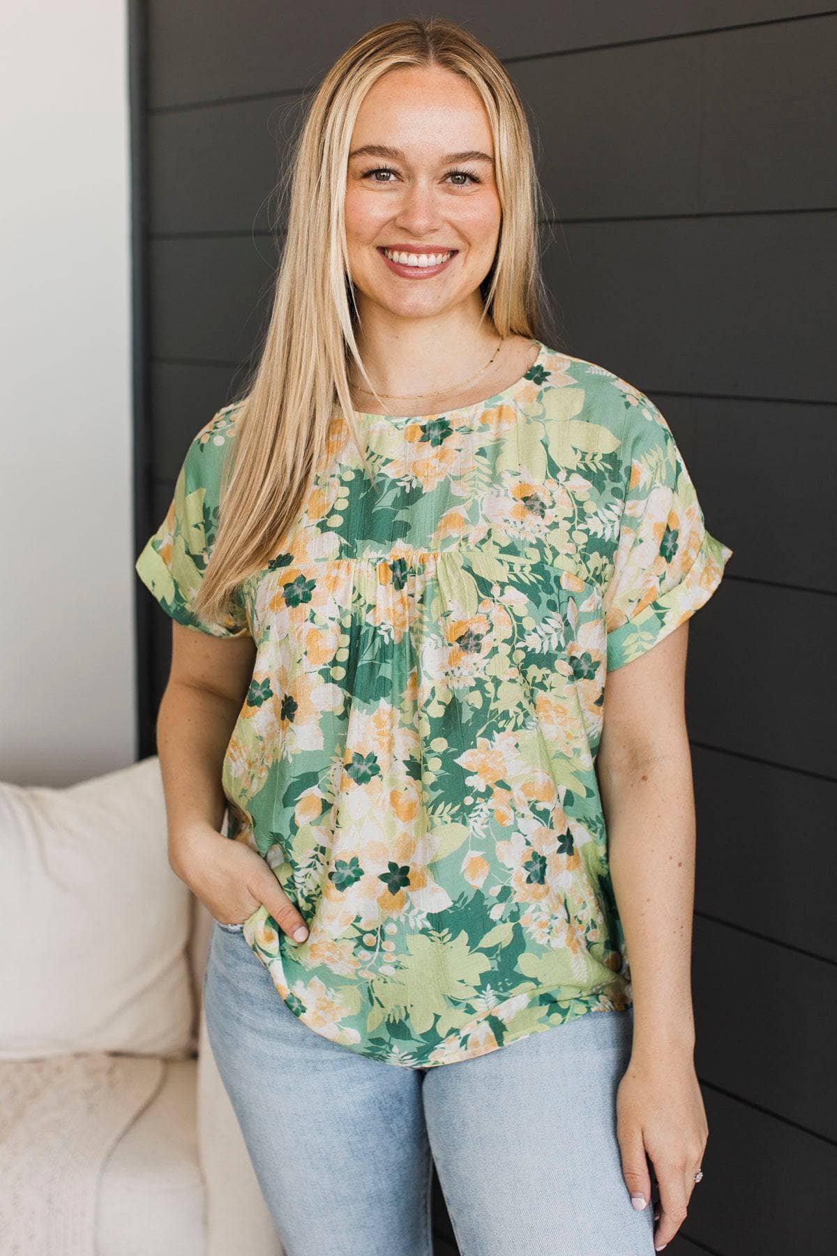 Charming Ways Short Sleeve Floral Top- Sage - Image 2