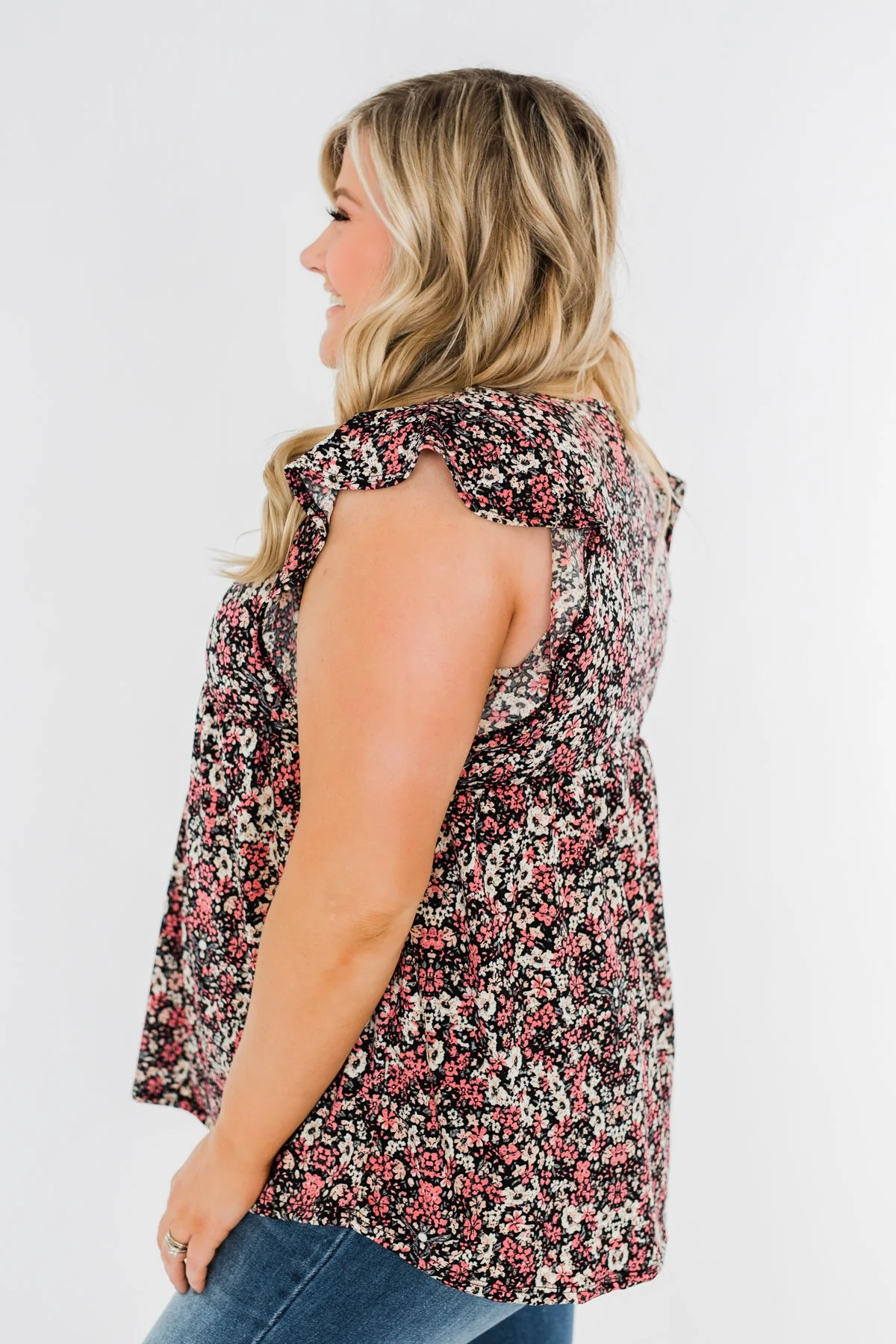 Chase Your Dreams Floral Ruffle Top- Black & Pink - Image 8