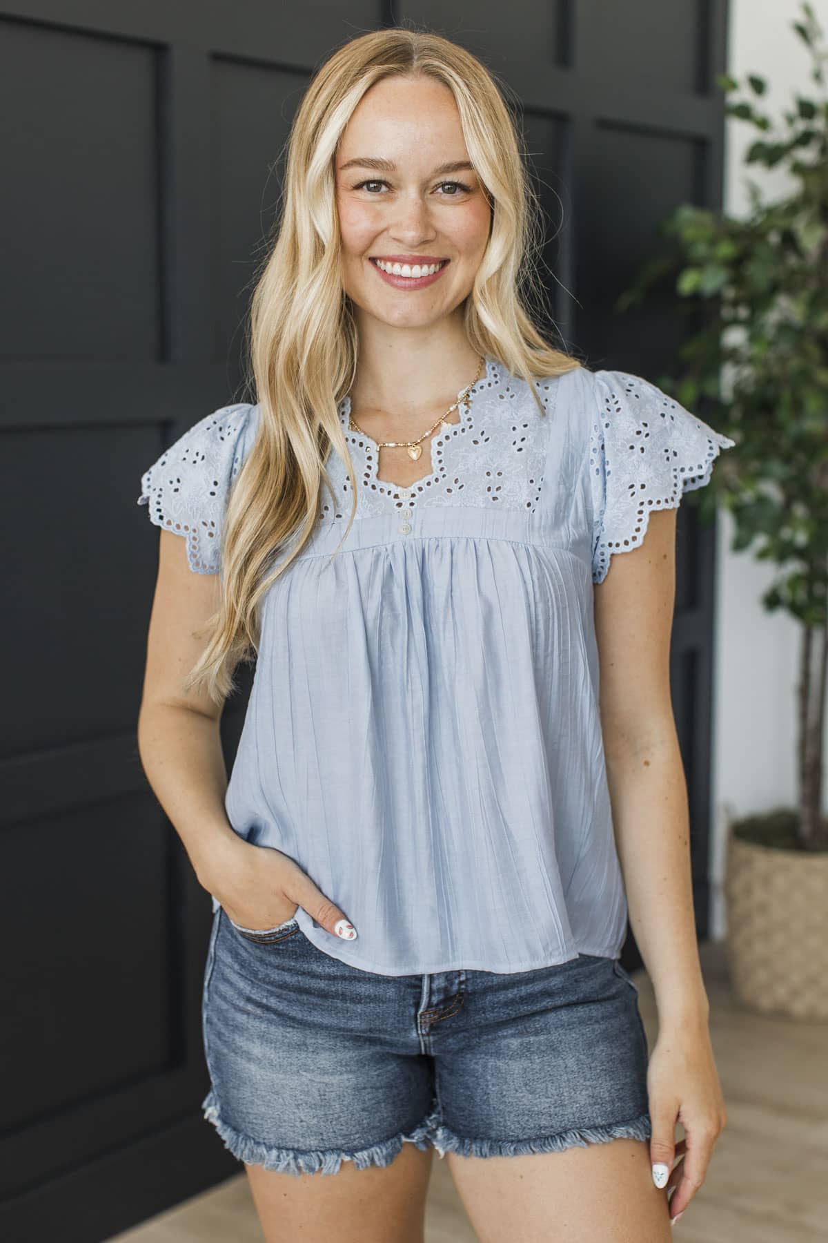 Chasing Clouds Short Sleeve Blouse- Light Blue - Image 2