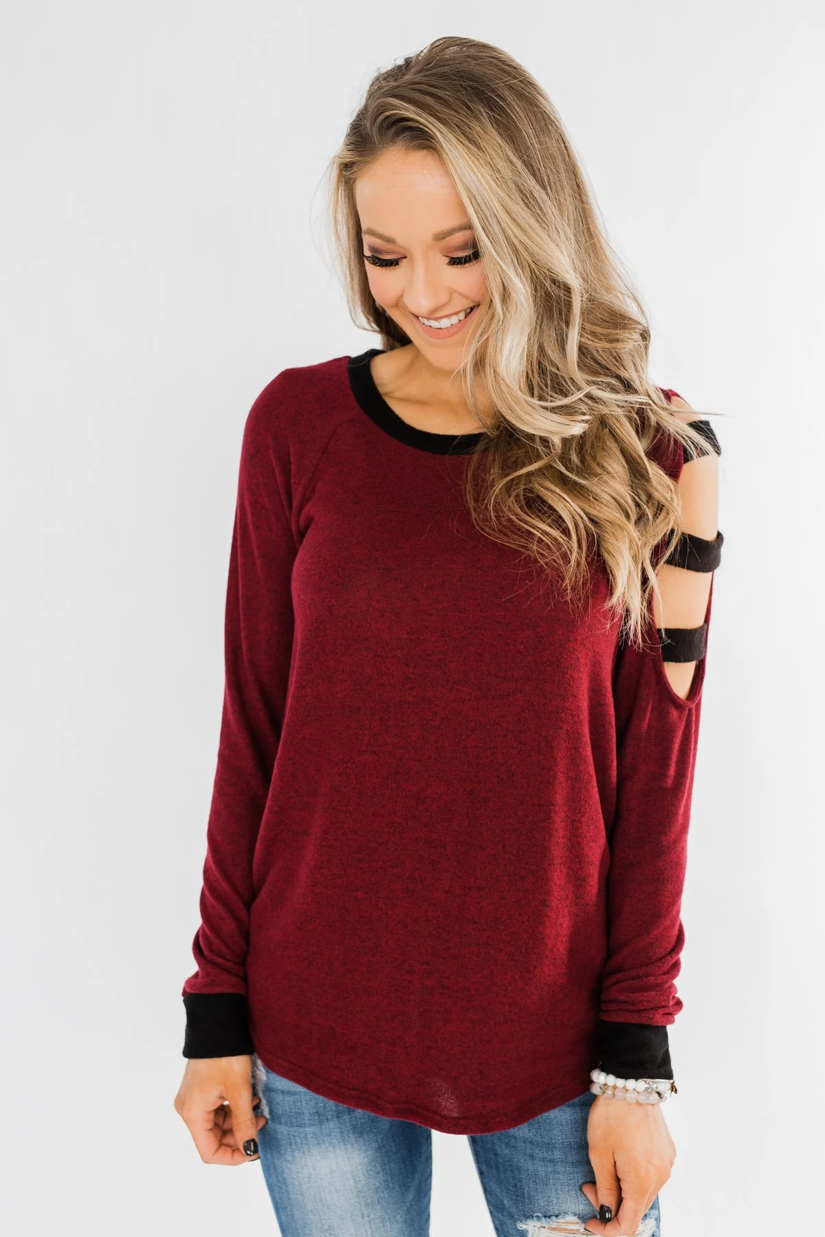 Chasing Dreams Cold Shoulder Top- Burgundy - Image 9
