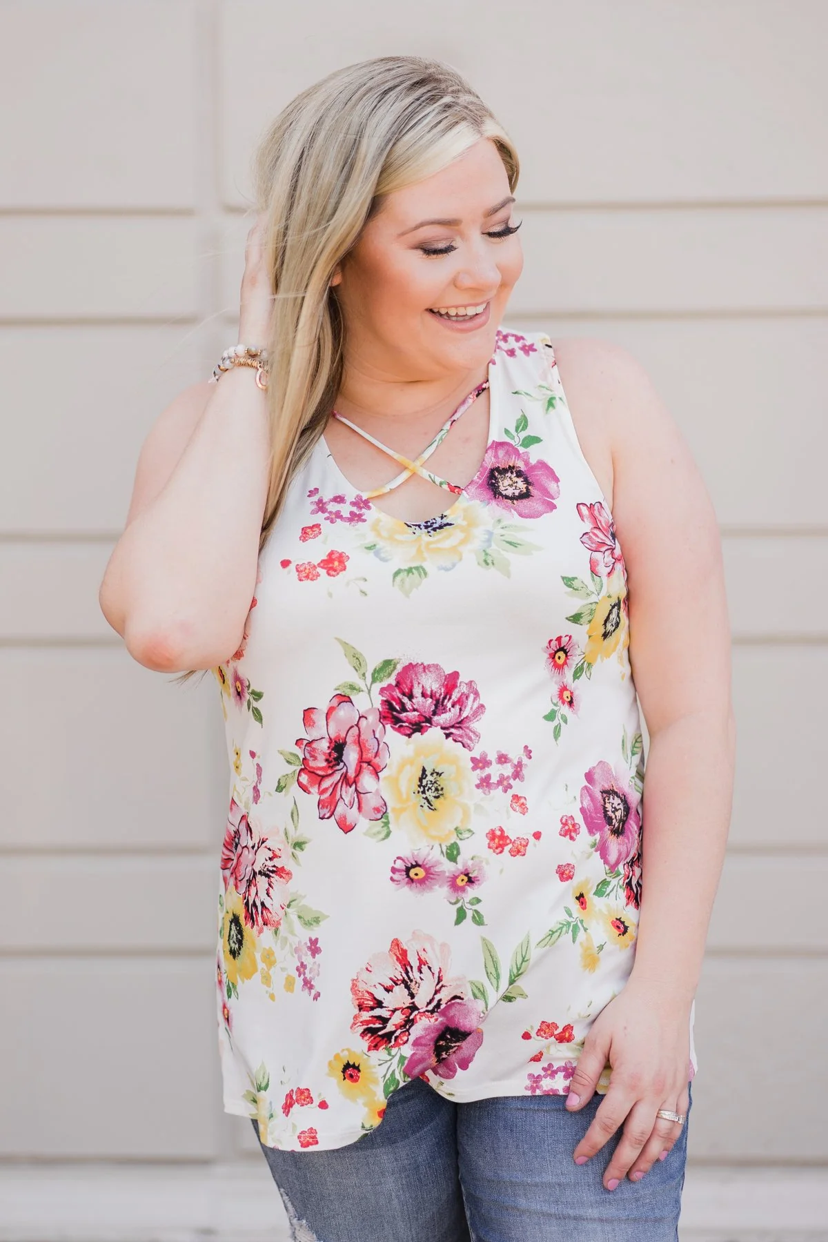Chasing Flowers Criss Cross Tank Top- Ivory - Image 2