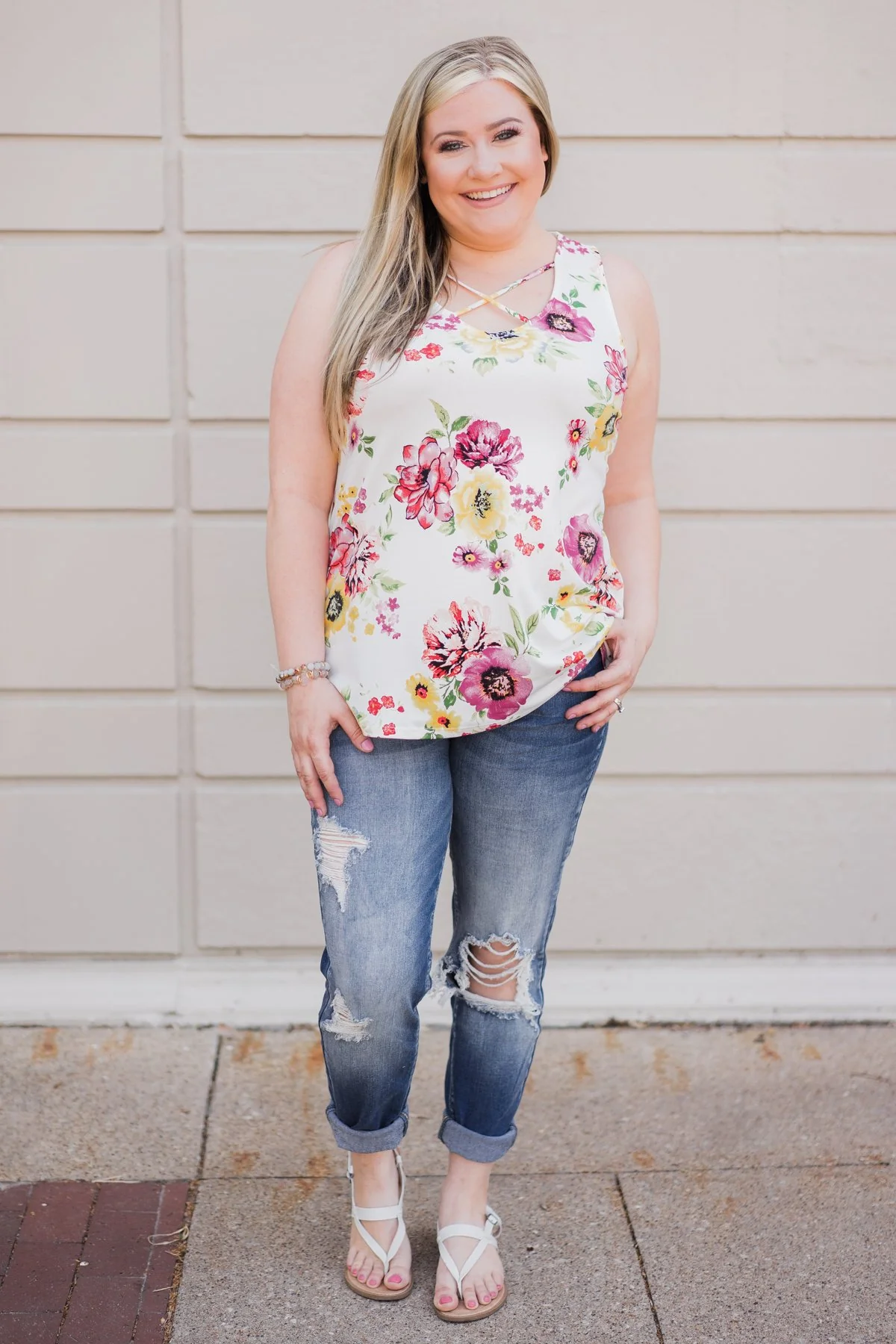 Chasing Flowers Criss Cross Tank Top- Ivory - Image 4