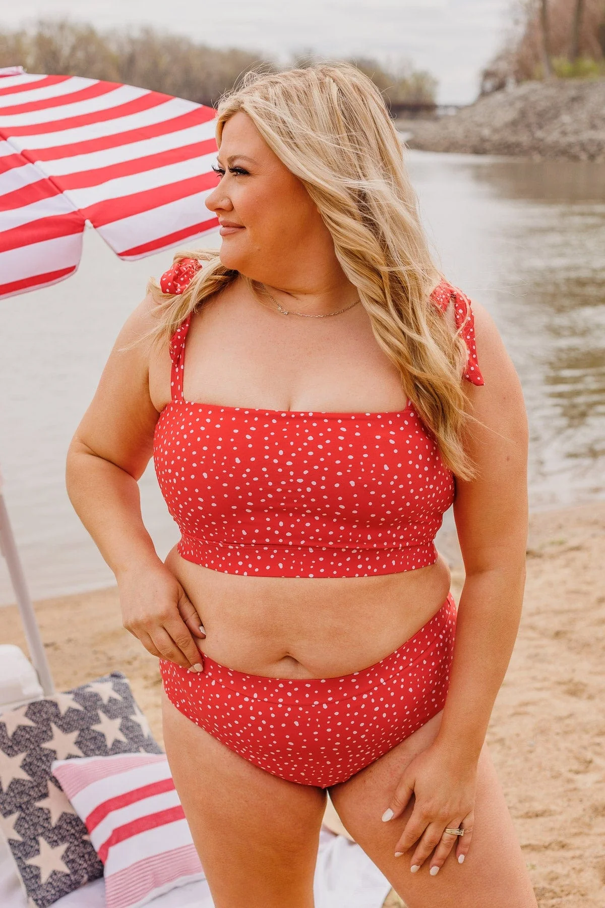 Chasing The Sun Spotted Bandeau Swim Top- Red - Image 7