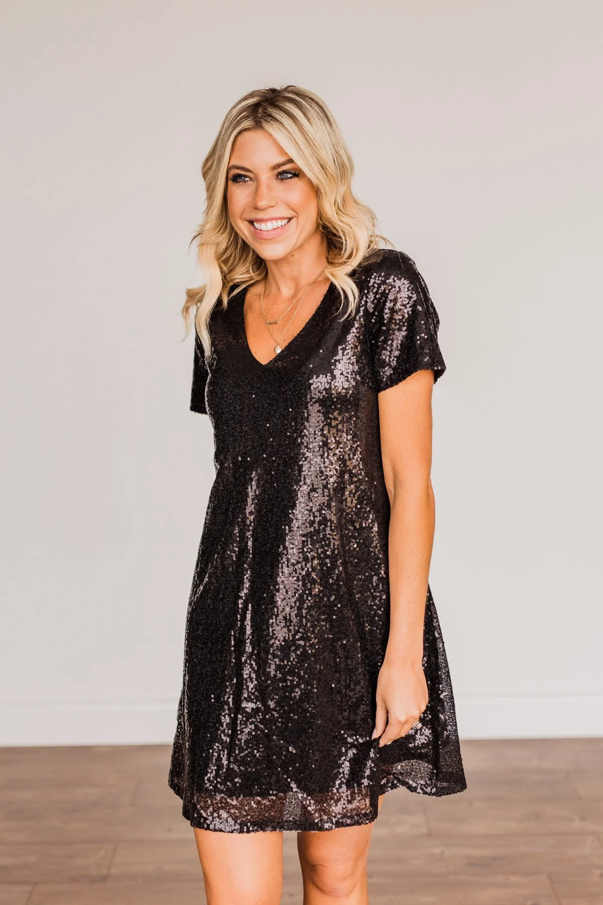 Chateau Dreams V-Neck Sequin Dress- Black - Image 5