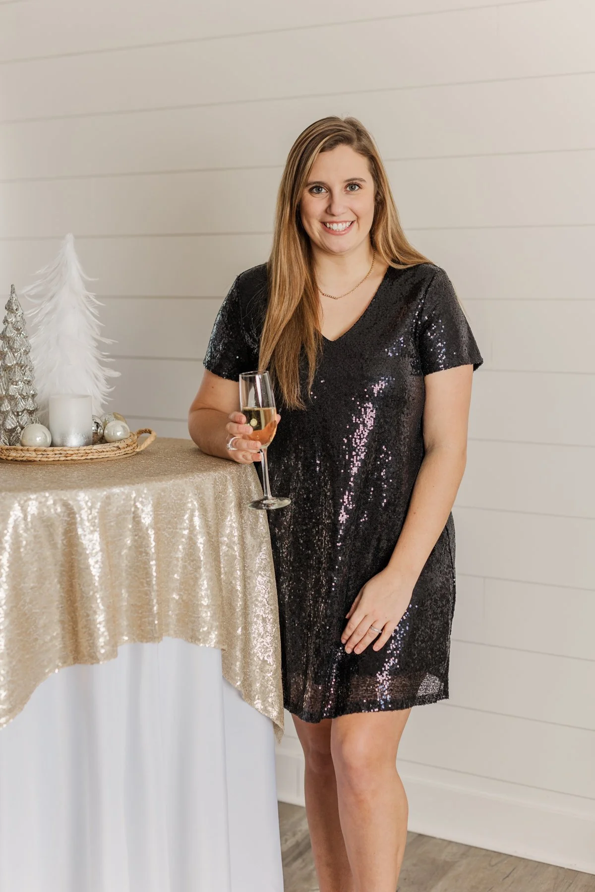 Chateau Dreams V-Neck Sequin Dress- Black - Image 6