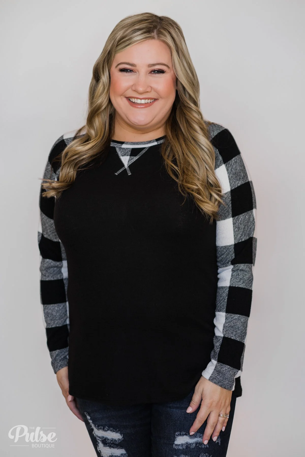 Checkered Sleeve Raglan Top- Black & White