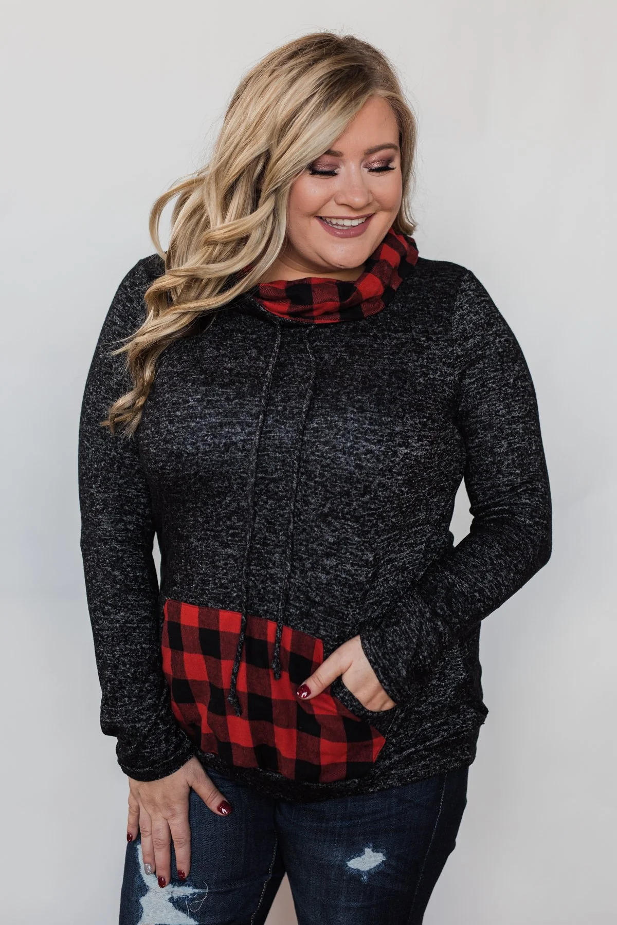 Cheerful in Plaid Cowl Neck Hoodie- Heather Black - Image 11