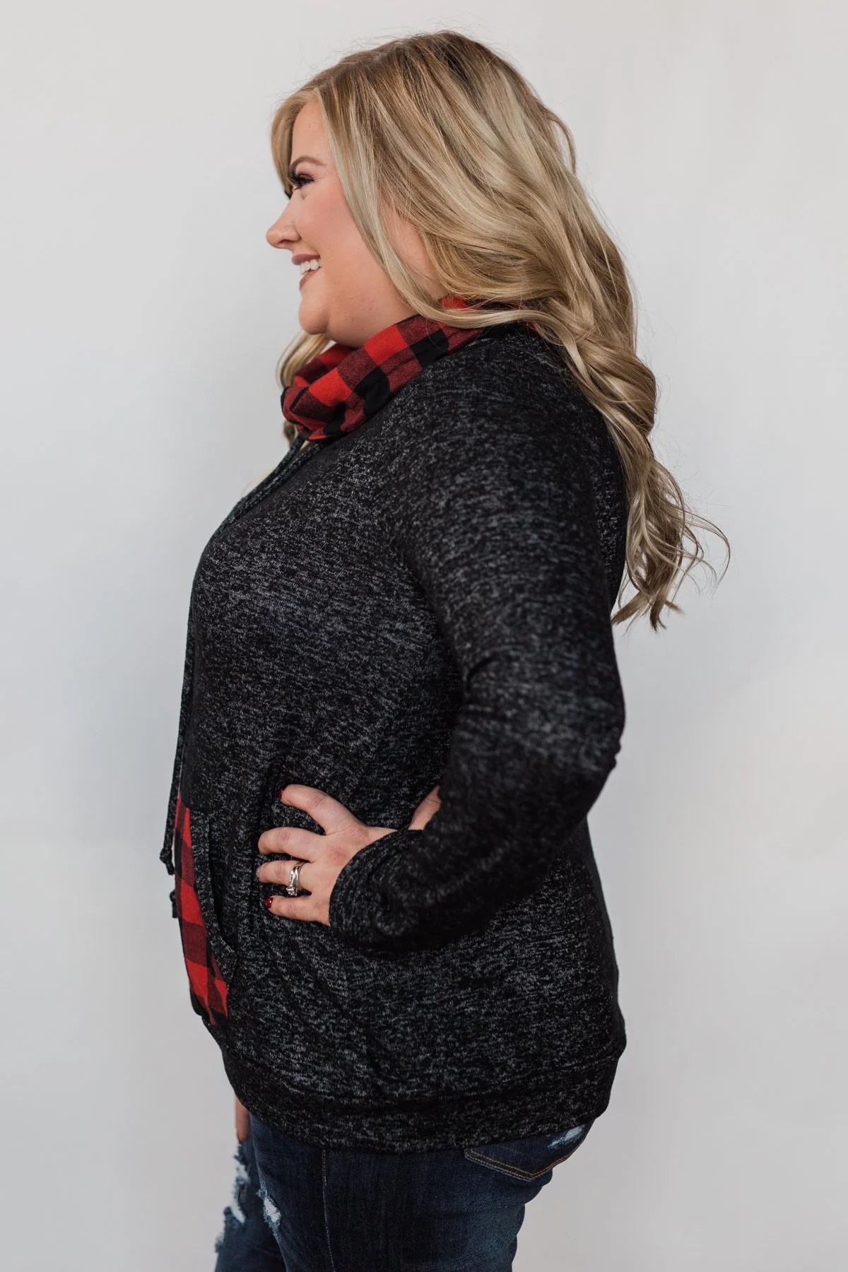 Cheerful in Plaid Cowl Neck Hoodie- Heather Black - Image 12