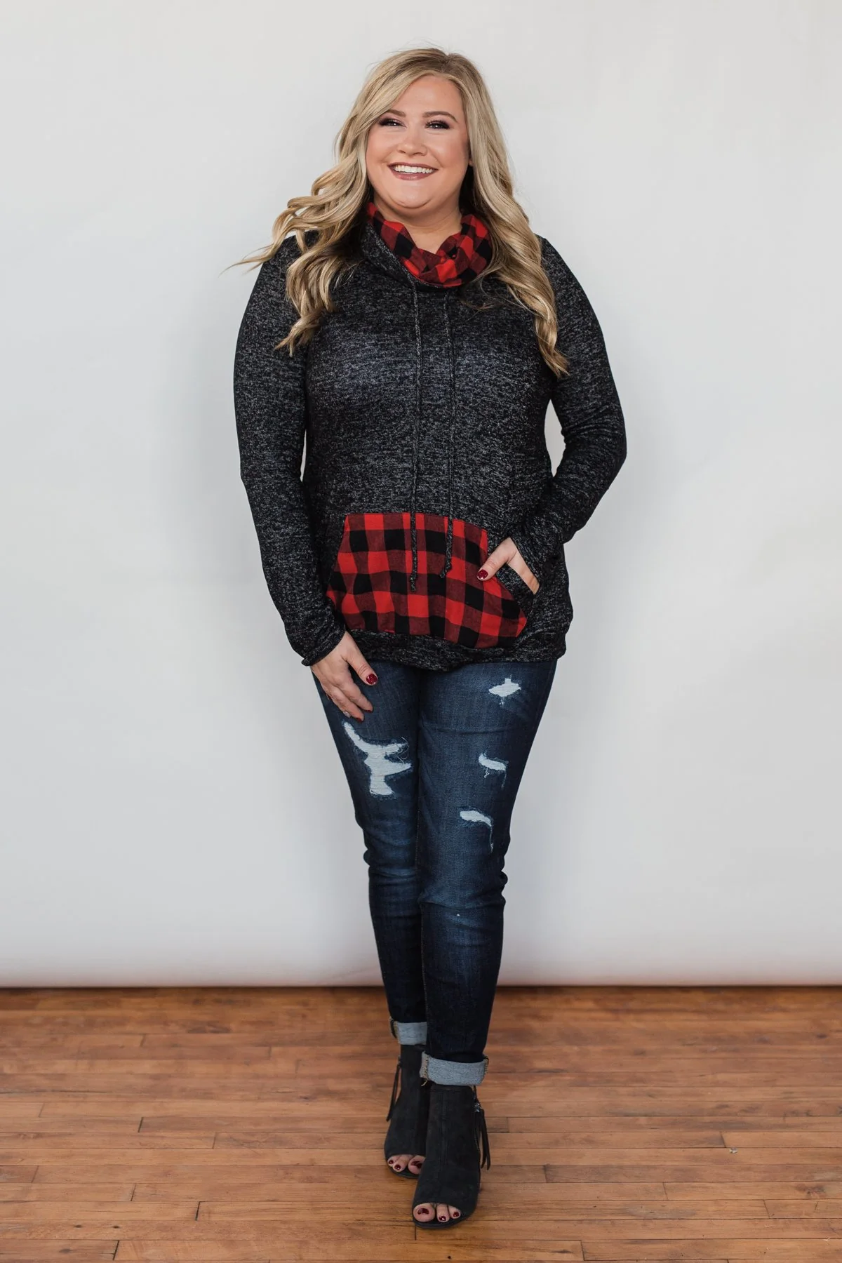 Cheerful in Plaid Cowl Neck Hoodie- Heather Black - Image 3