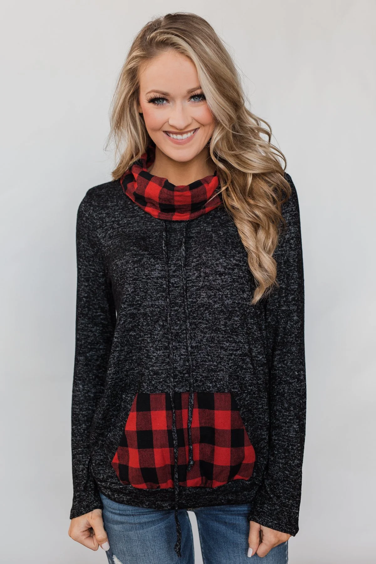 Cheerful in Plaid Cowl Neck Hoodie- Heather Black - Image 4
